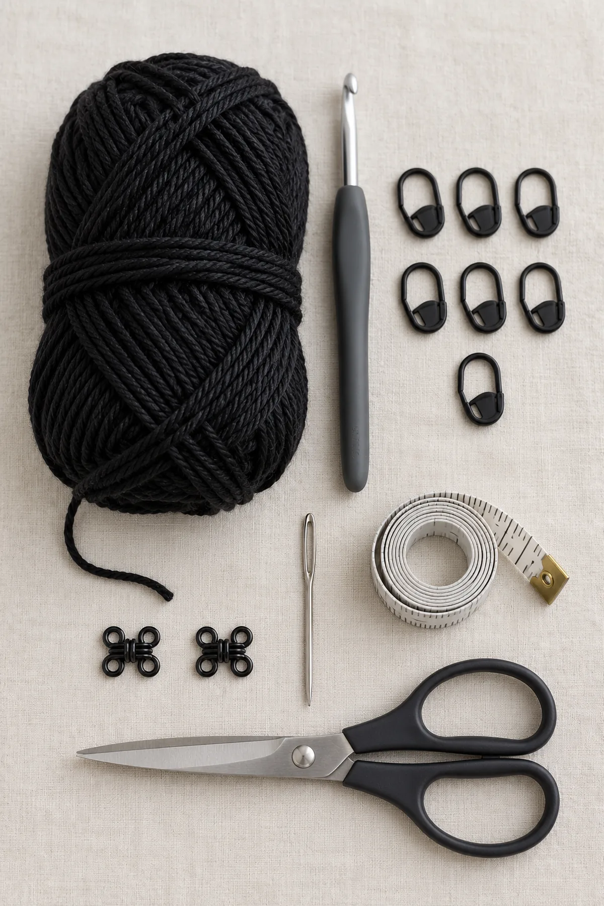 Smooth black worsted yarn, 5 mm hook, seven stitch markers, needle, tape, scissors and two small black sew-on hook-and-eye closures on pale linen