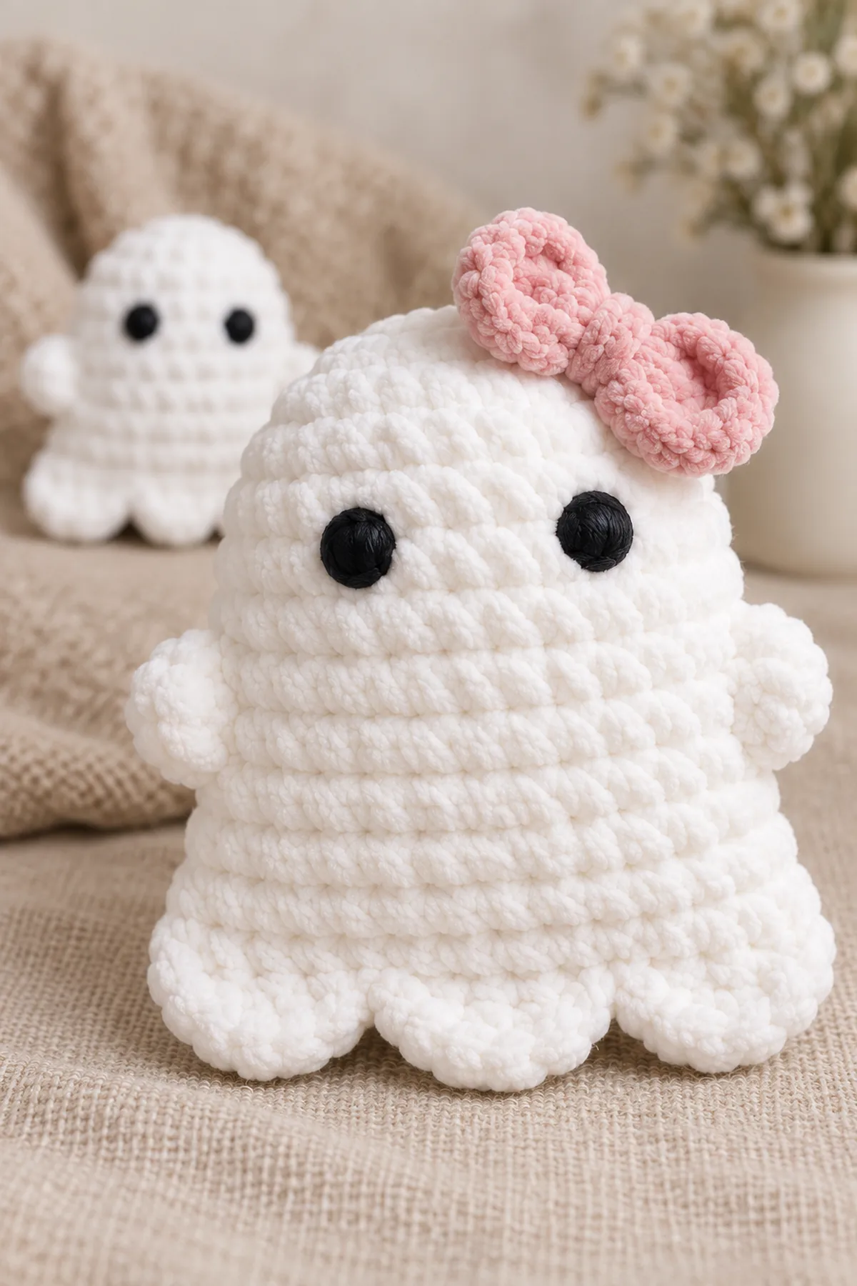 Macro same large white chenille ghost showing three soft lower front scallops, closed pillow base seam and one short flattened side arm; cropped pink fully sewn crown bow visible.
