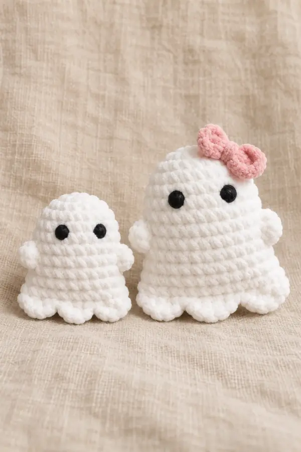 Two white bell-shaped chenille ghosts with a domed top, two stubby arms and exactly three front lower scallops; larger ghost has a fully sewn blush-pink flat bow. Shallow pillow bodies made from two shaped flat panels, not the existing site's spiral pear body or Halloween trio. Two securely embroidered round black eyes, no mouth. Finished object only, original product photograph composition, no source text or logo.