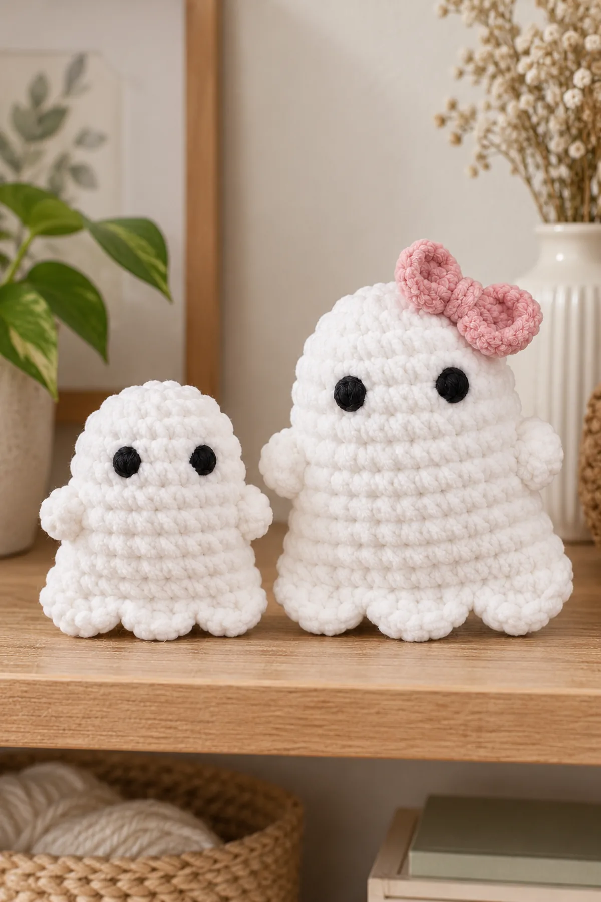 Two white bell-shaped chenille ghosts with a domed top, two stubby arms and exactly three front lower scallops; larger ghost has a fully sewn blush-pink flat bow. Shallow pillow bodies made from two shaped flat panels, not the existing site's spiral pear body or Halloween trio. Two securely embroidered round black eyes, no mouth. Same finished design on a quiet home craft shelf, soft daylight, minimal props, no children or infant sleep setting. No text or watermark.