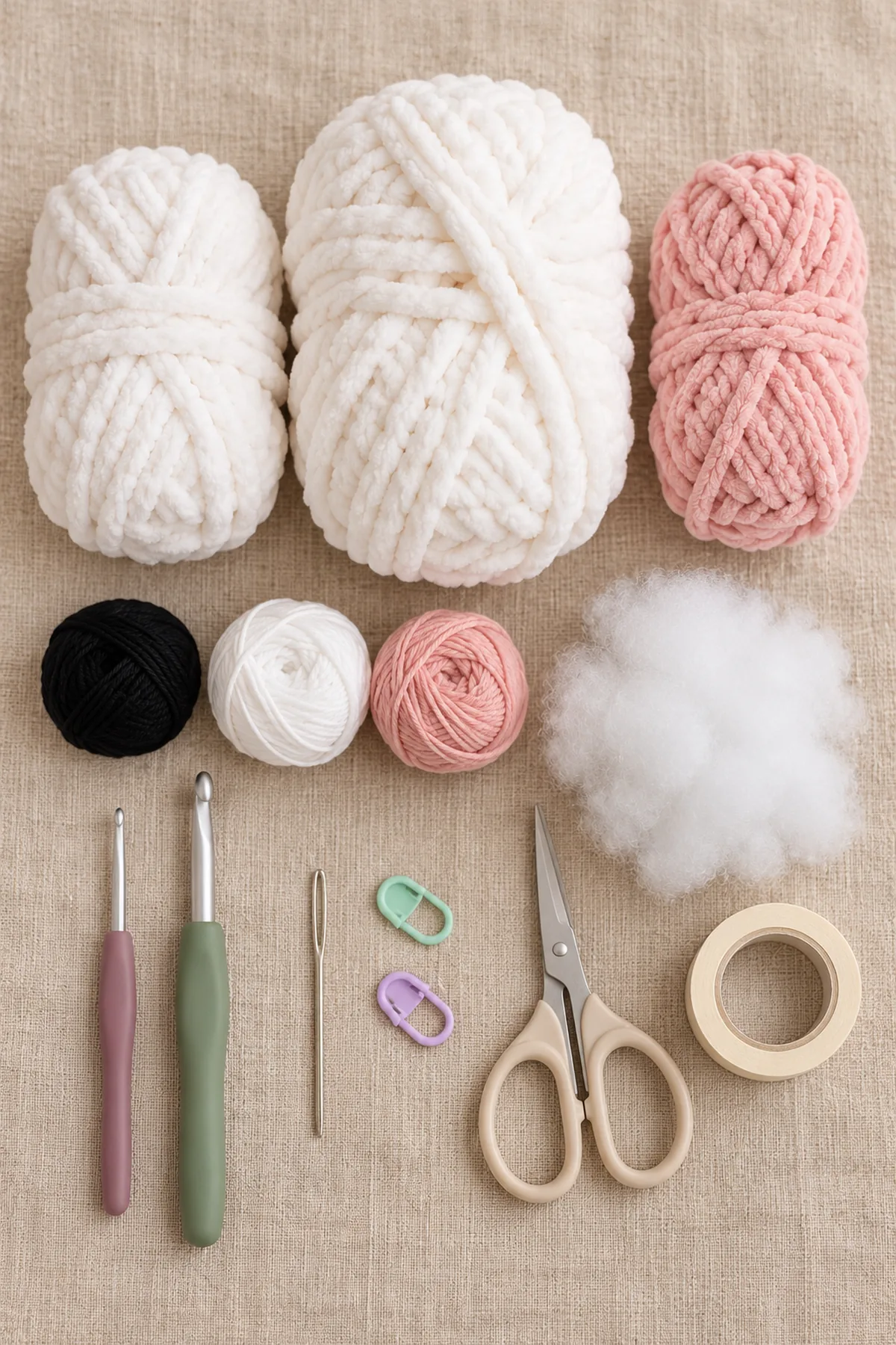 Supplies-only flat lay: Planning allowance: 55 yards white DK chenille for small ghost, 85 yards white bulky chenille for large ghost, 10 yards blush-pink bulky chenille for bow; 3 mm and 4.5 mm hooks; black smooth embroidery yarn, matching white/pink smooth seam yarn, washable fiberfill; Blunt needle, markers, scissors and tape; no glue, plastic eyes, ribbon or keychain hardware. No completed project; tools and yarn arranged on pale linen.