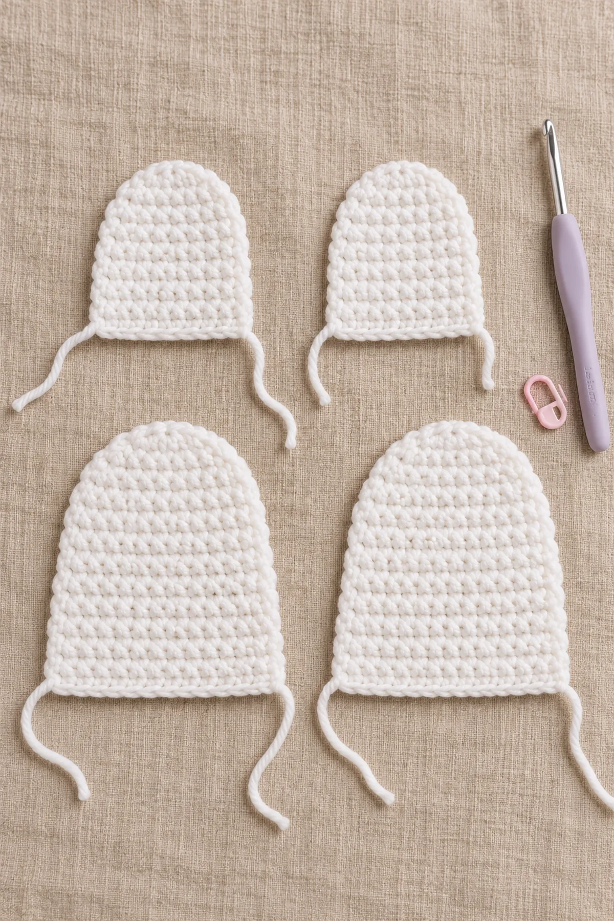 Four white unjoined bell-shaped flat crochet panels, two smaller DK and two larger chenille, straight15-position lower edges and domed crowns; no arms, scallops, bow or stuffed bodies yet.