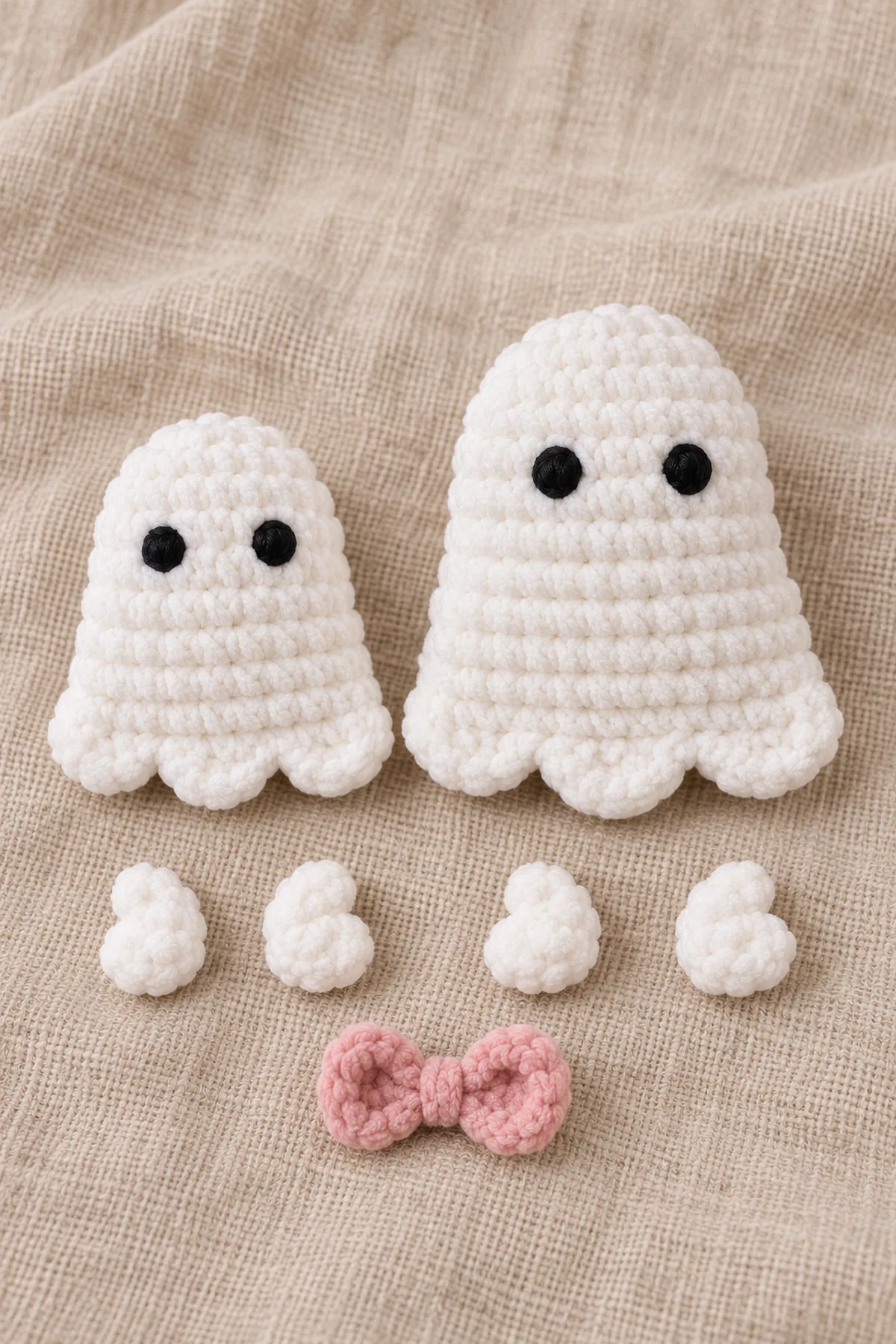 Two lightly stuffed white bell pillow ghost bodies with embroidered eyes, three front hem scallops each, four separate tiny flattened white arms and one separate small pink bow, before attachment.