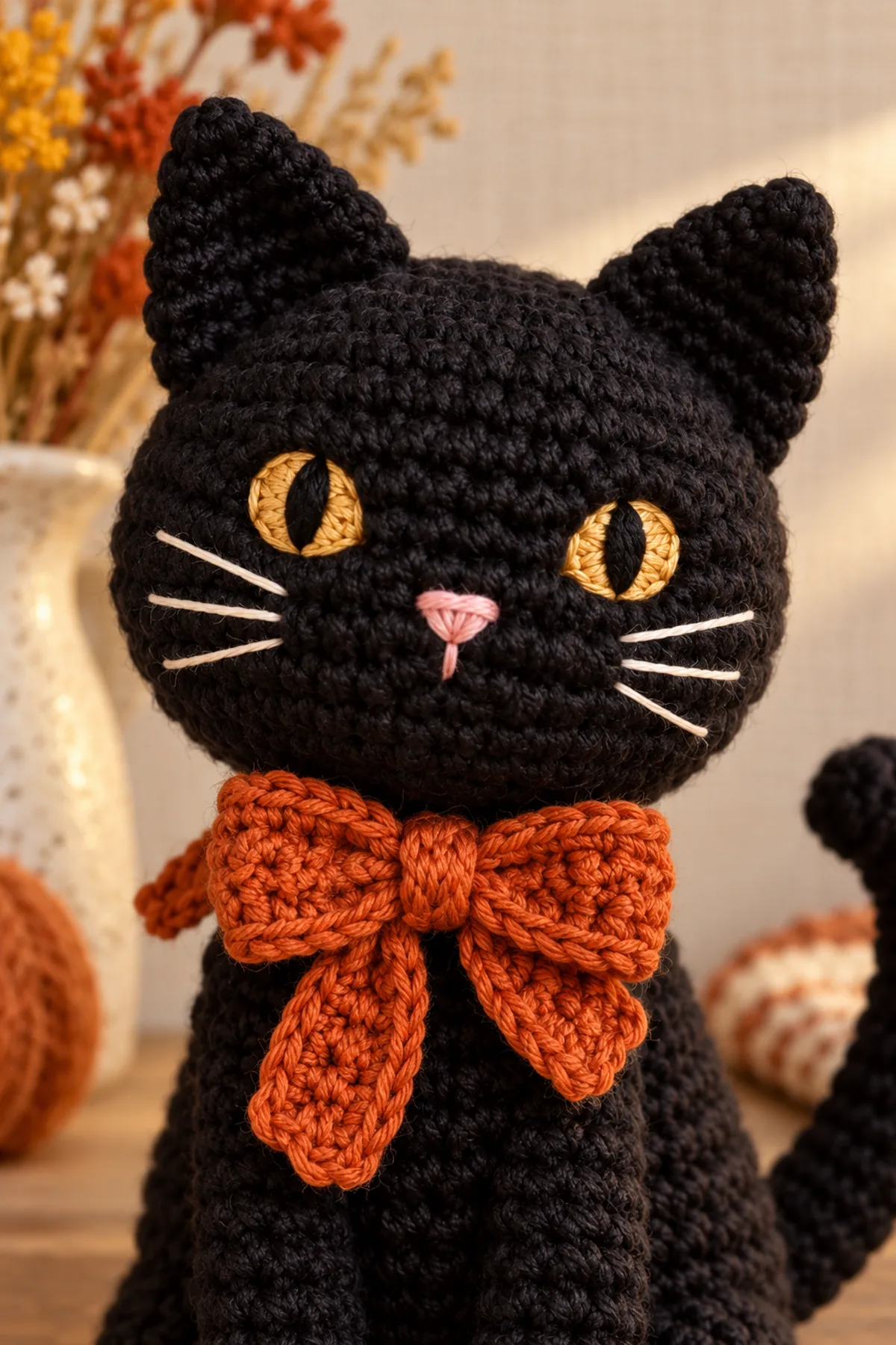 Macro of same cat's fully sewn orange bow, embroidered gold eyes and cream whiskers, and secure leg seams at the shelf edge.