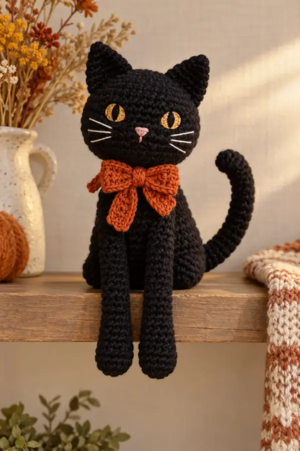 Original black cat shelf-sitter on shelf edge with two long dangling front legs, broad flat-bottom torso, round head, pointed ears, embroidered gold eyes and white whiskers, pink nose, curved tail and orange bow; no text.