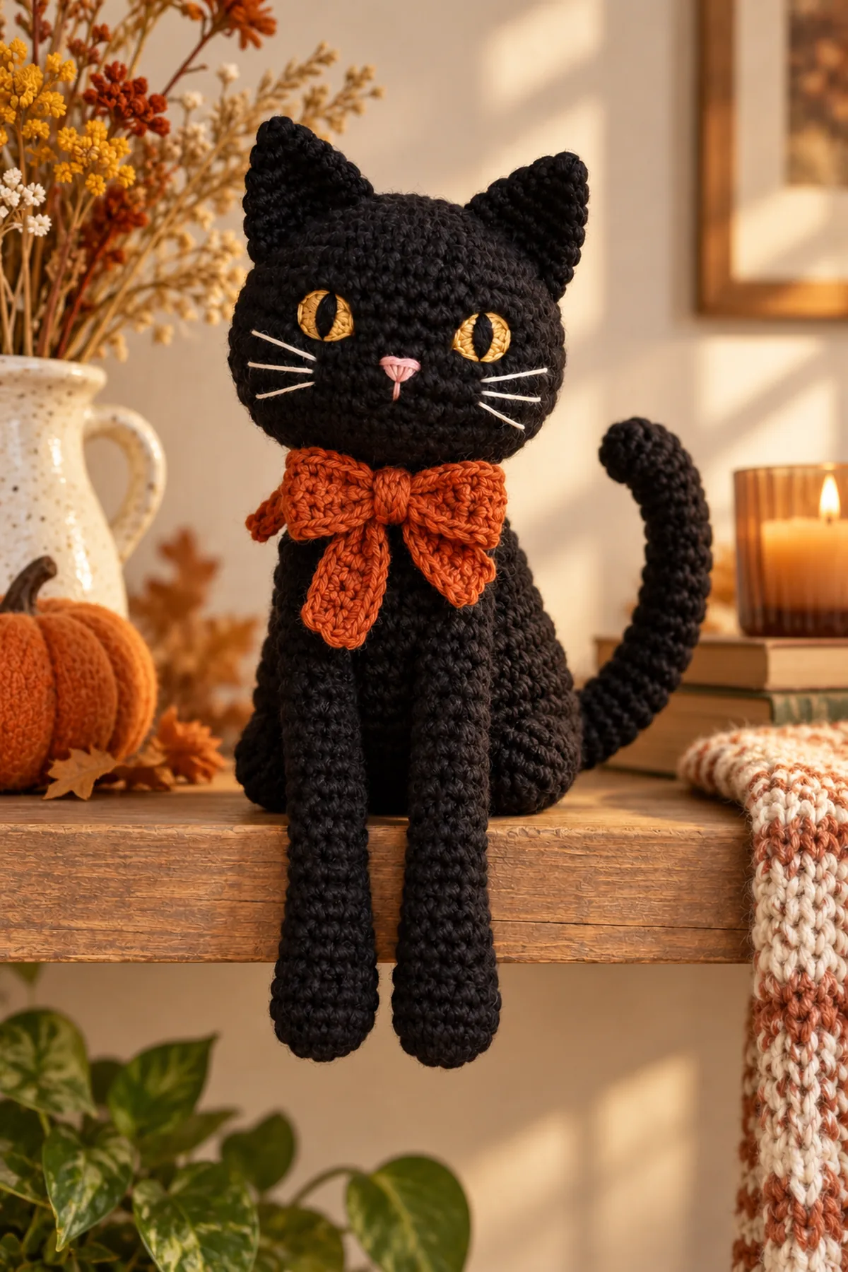 Same black cat shelf-sitter with two long front legs hanging from a low wooden shelf, broad body firmly on shelf, orange bow and curved tail visible; no text.