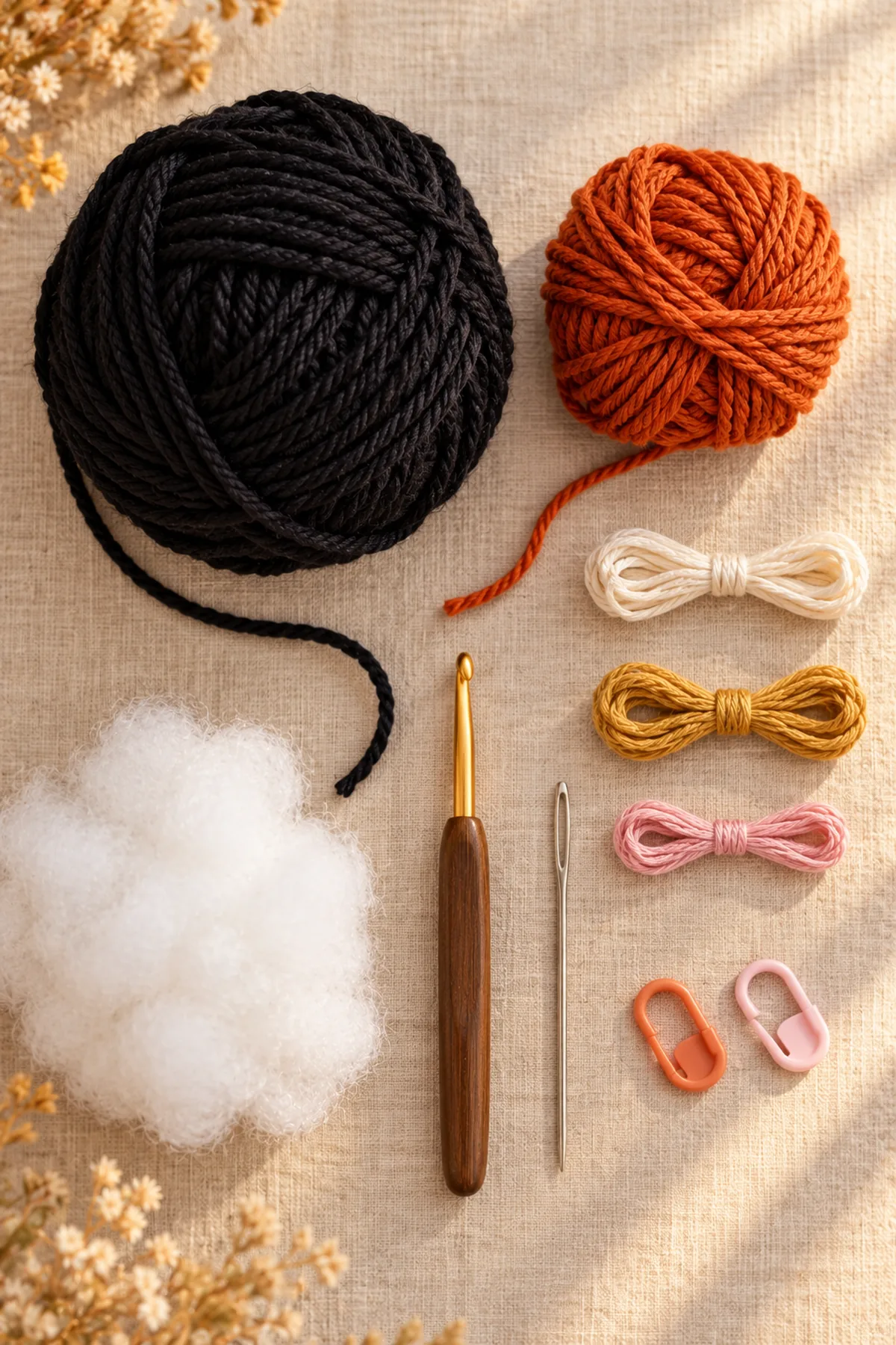 Supplies-only flat lay of black and orange cotton, gold cream and pink embroidery yarn, 3.5 mm hook, stuffing, needle and markers; no cat.