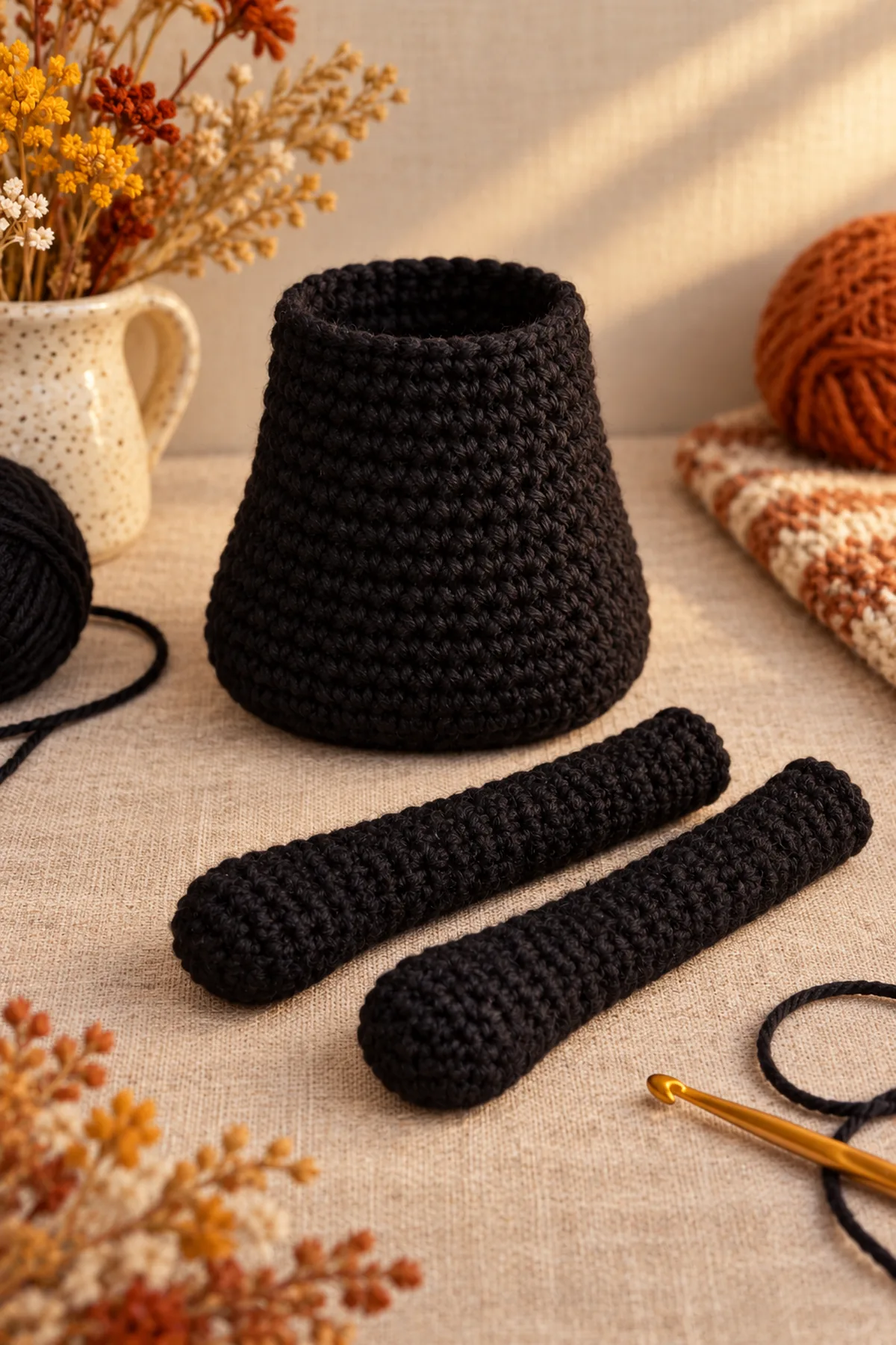 Unfinished flat-bottom black cat torso and separate round head with gold and pink embroidered face, before the long legs or bow are made.