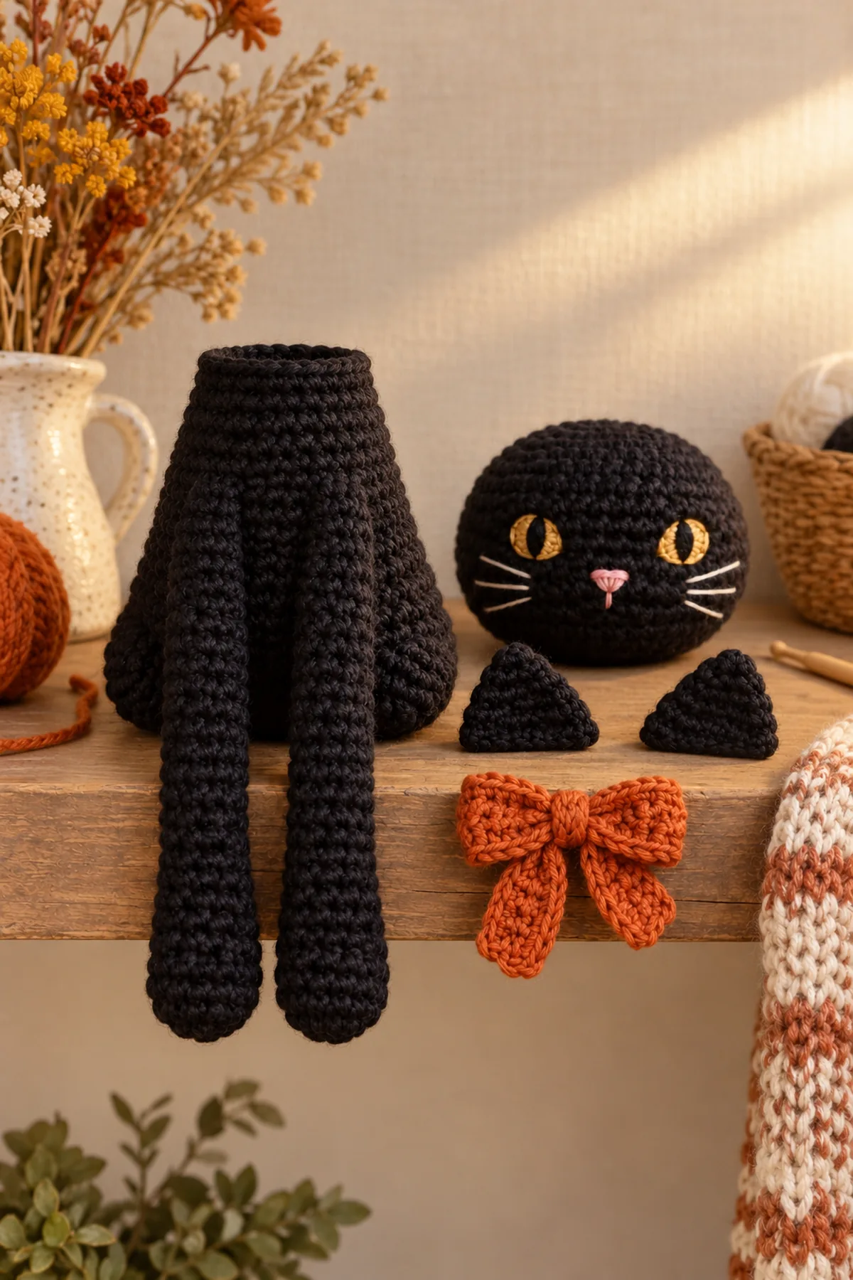 Black cat head, flat torso, two identical long narrow forelegs, two pointed ears, curved soft tail and three orange bow parts laid separately before sewing.