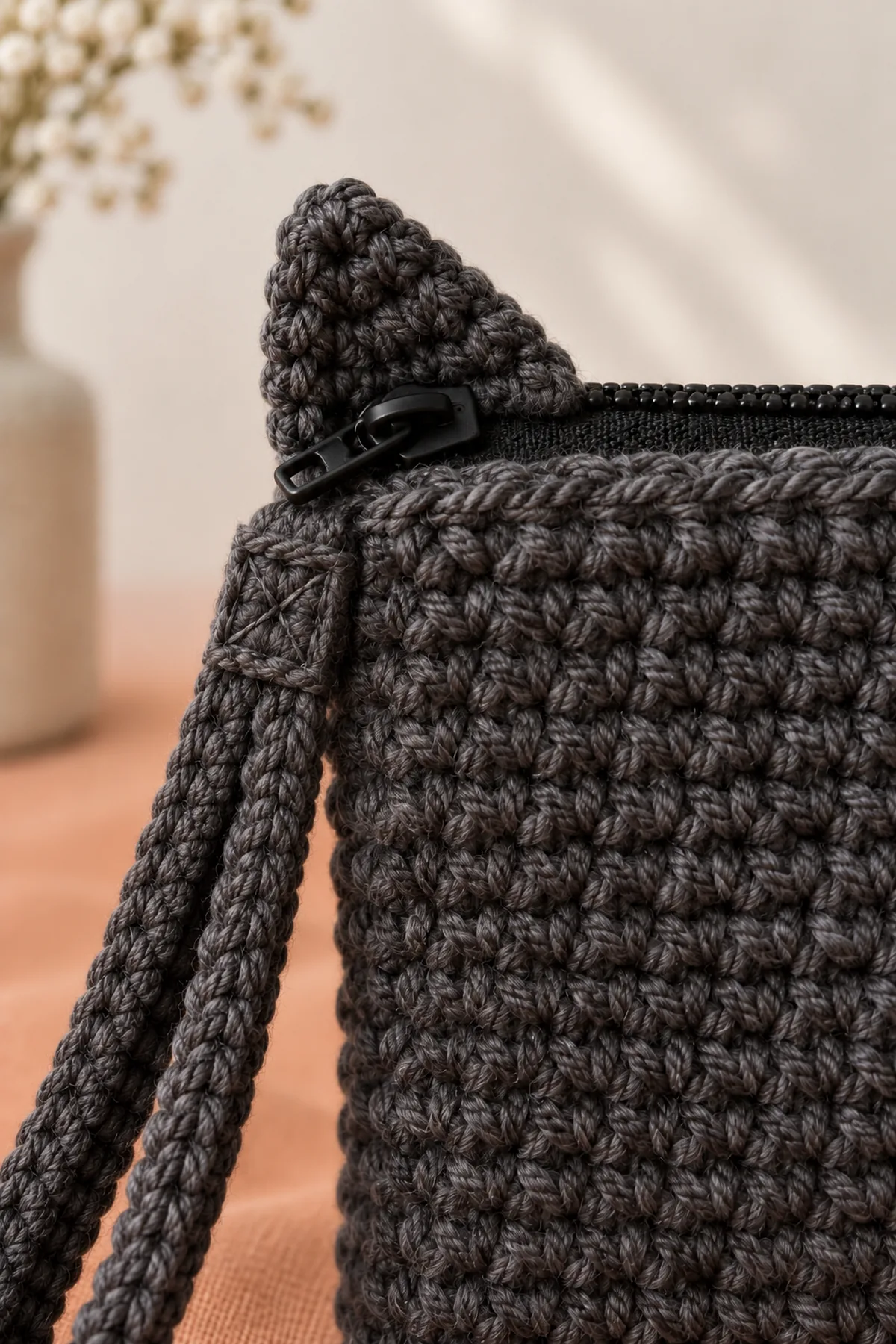 Close macro of charcoal cat wristlet upper corner showing clean hand-sewn black zipper tape, flat doubled triangular ear and short narrow wrist strap reinforced with a sewn rectangle and crossing diagonals, realistic crochet loops