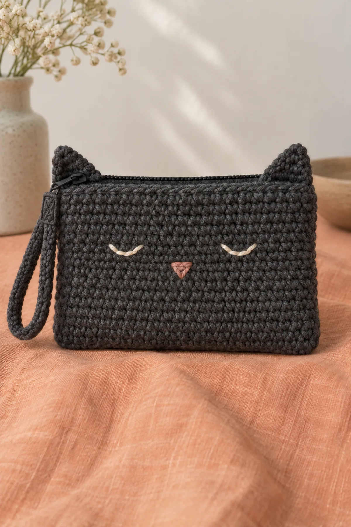 Original charcoal single-crochet rectangular cat zipper wristlet, six inches wide and four and a half inches high, two small flat triangular ears projecting above top corners, tiny cream embroidered closed eyes and muted rose nose, visible black nylon zipper and one short narrow charcoal wrist loop, empty unstuffed pouch on warm apricot linen
