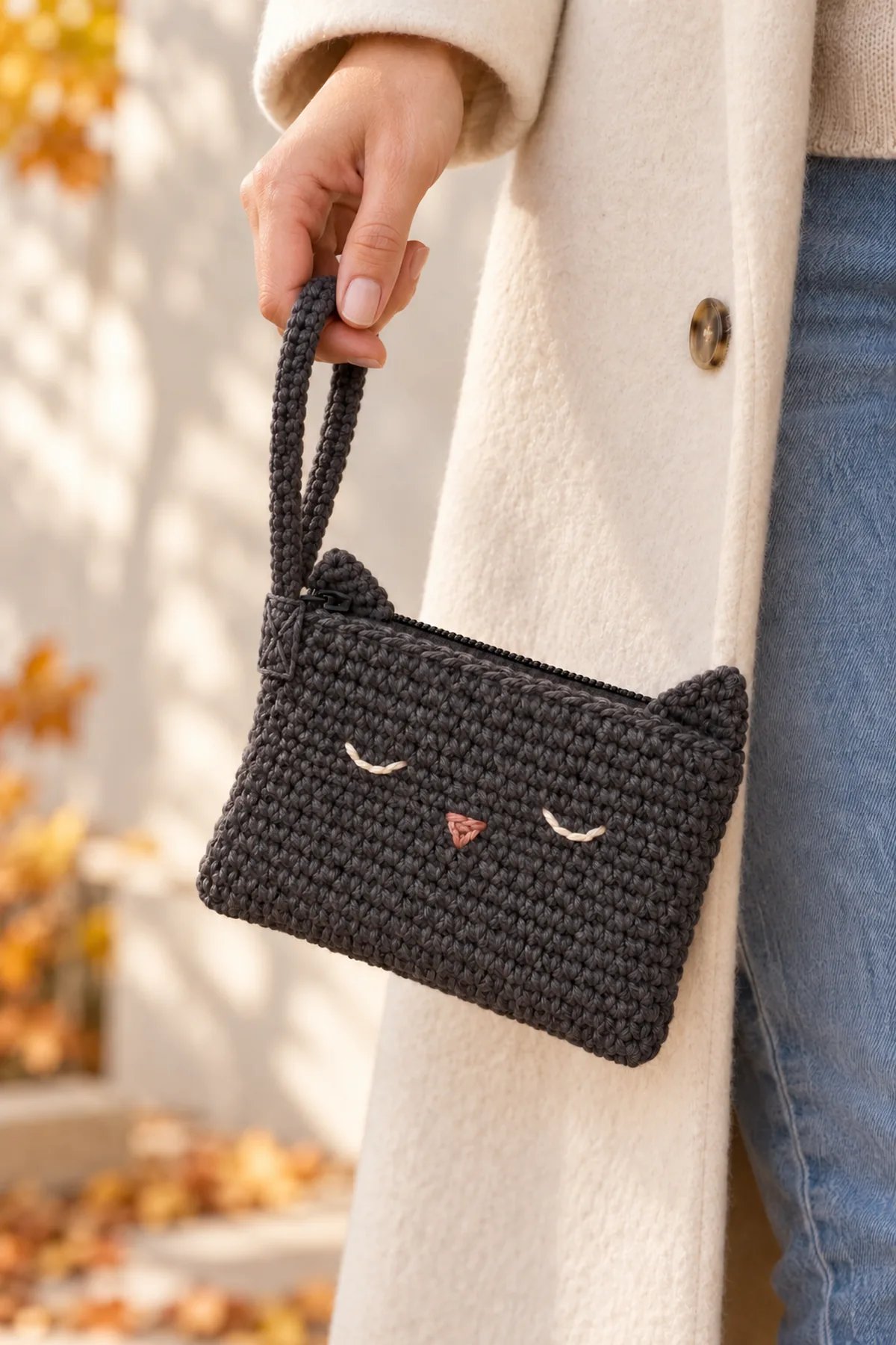 Adult hand holding small charcoal cat zipper wristlet by its short wrist loop beside a cream coat, subtle closed-eye embroidery and flat ears clearly visible, autumn daylight, no other bag