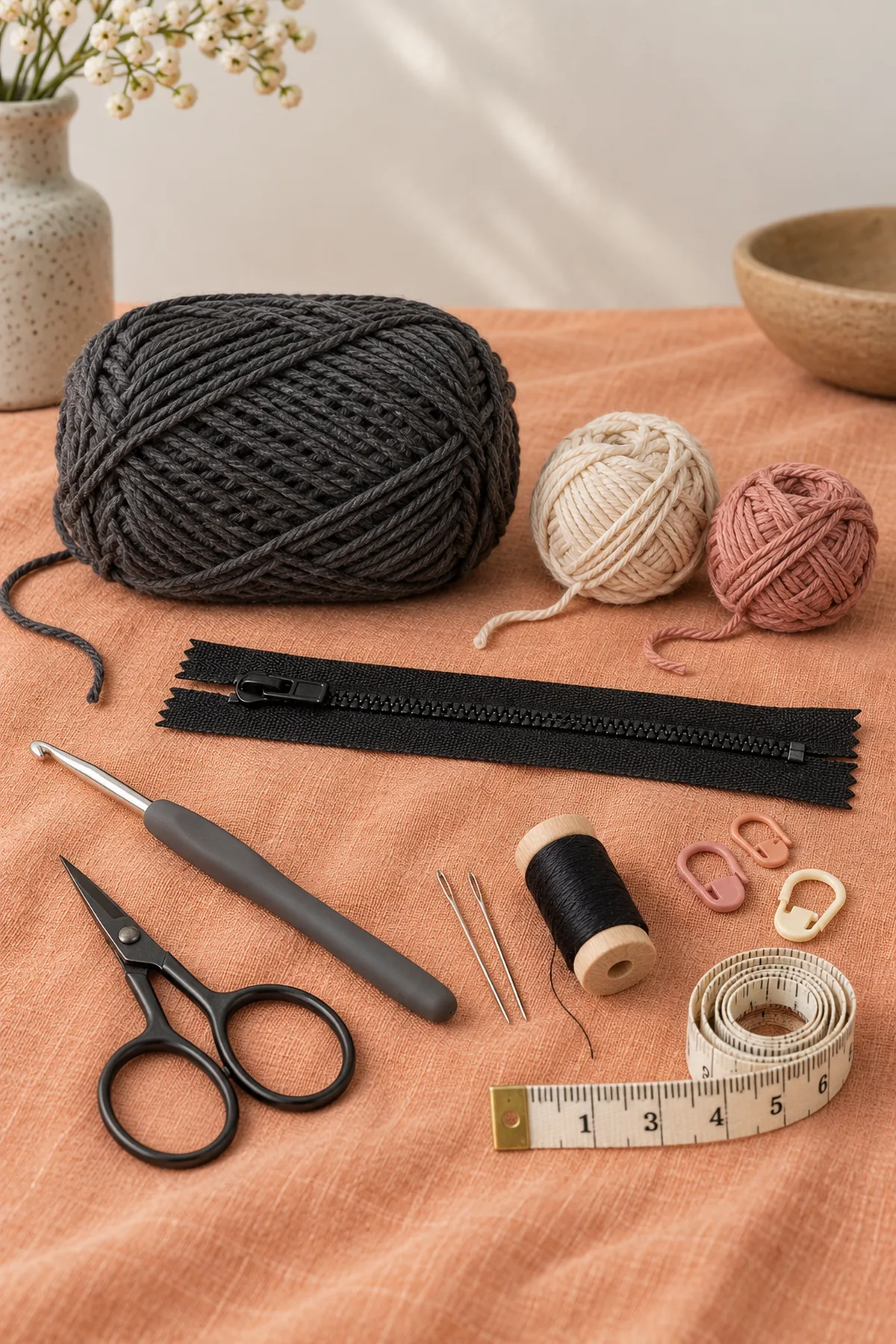 Charcoal DK cotton, cream and muted rose embroidery yarn scraps, 3.5 mm crochet hook, six-inch black nylon zipper, sewing thread and needles, scissors, markers and measuring tape laid neatly on apricot linen, no completed pouch