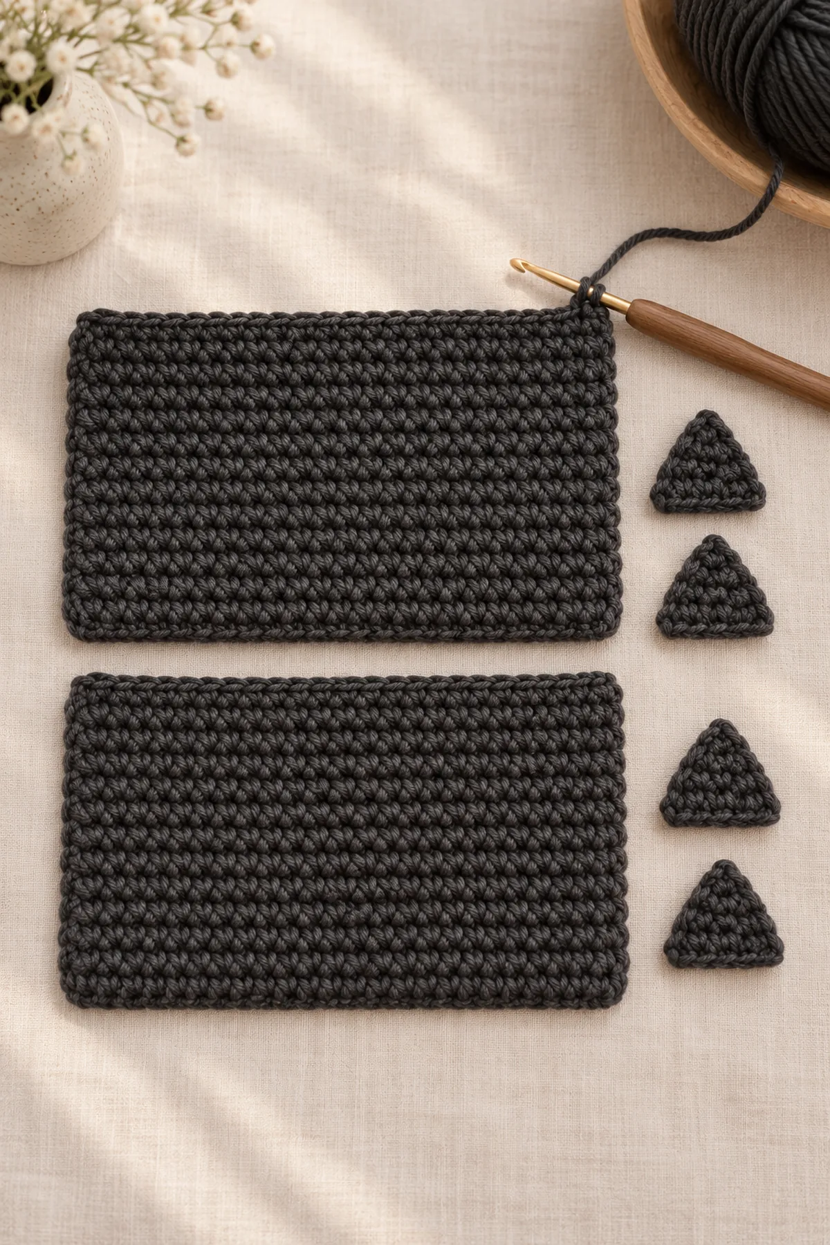 Two equal unfinished plain charcoal single-crochet rectangular pouch panels laid flat, one on its final row with live yarn loop and hook; four separate flat small triangular crochet ear layers beside them; no zipper installed and no finished bag