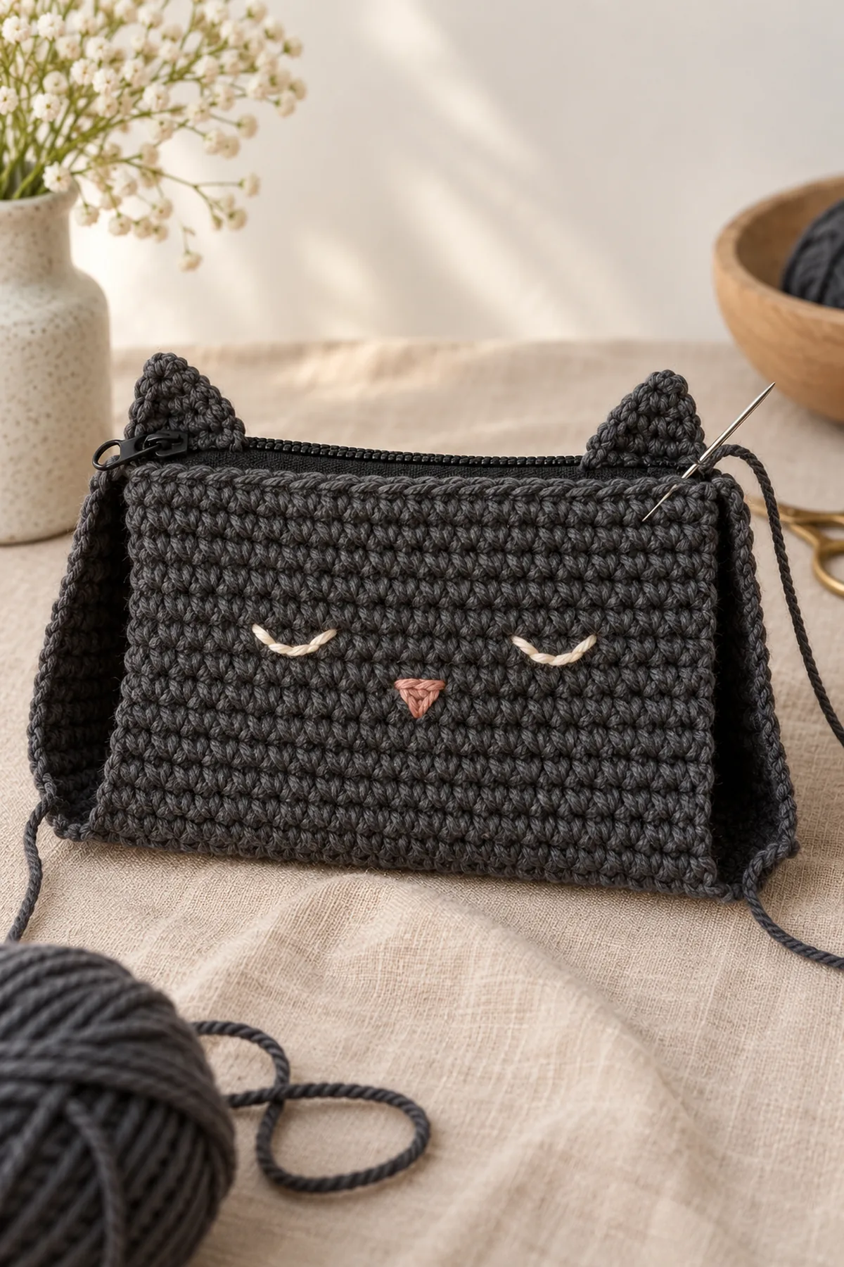 Original charcoal cat pouch under assembly, closed-eye embroidery finished on front, zipper tape hand-sewn to two top panel edges, side and bottom still unseamed, needle at zipper tape clear of teeth, doubled flat ears visible; no stuffed cat