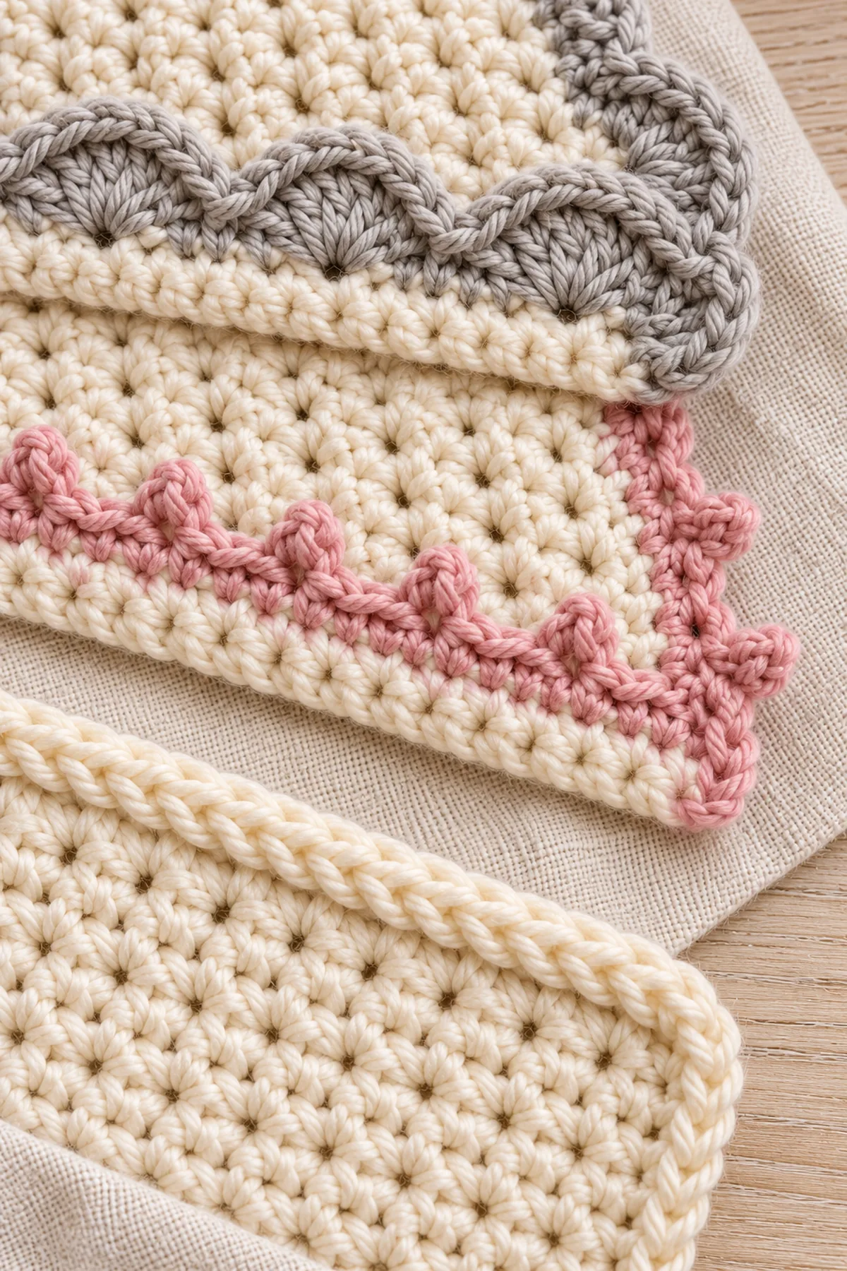 Close comparison of shell, picot and reverse single crochet crab stitch edges with crisp visible stitch structure