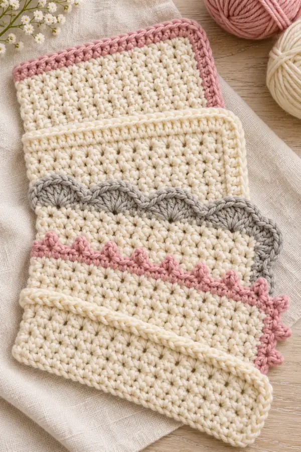Five original crochet blanket border samples arranged in labeled horizontal bands: single crochet, half double crochet, shell, picot and crab stitch, blush cream and soft gray yarn
