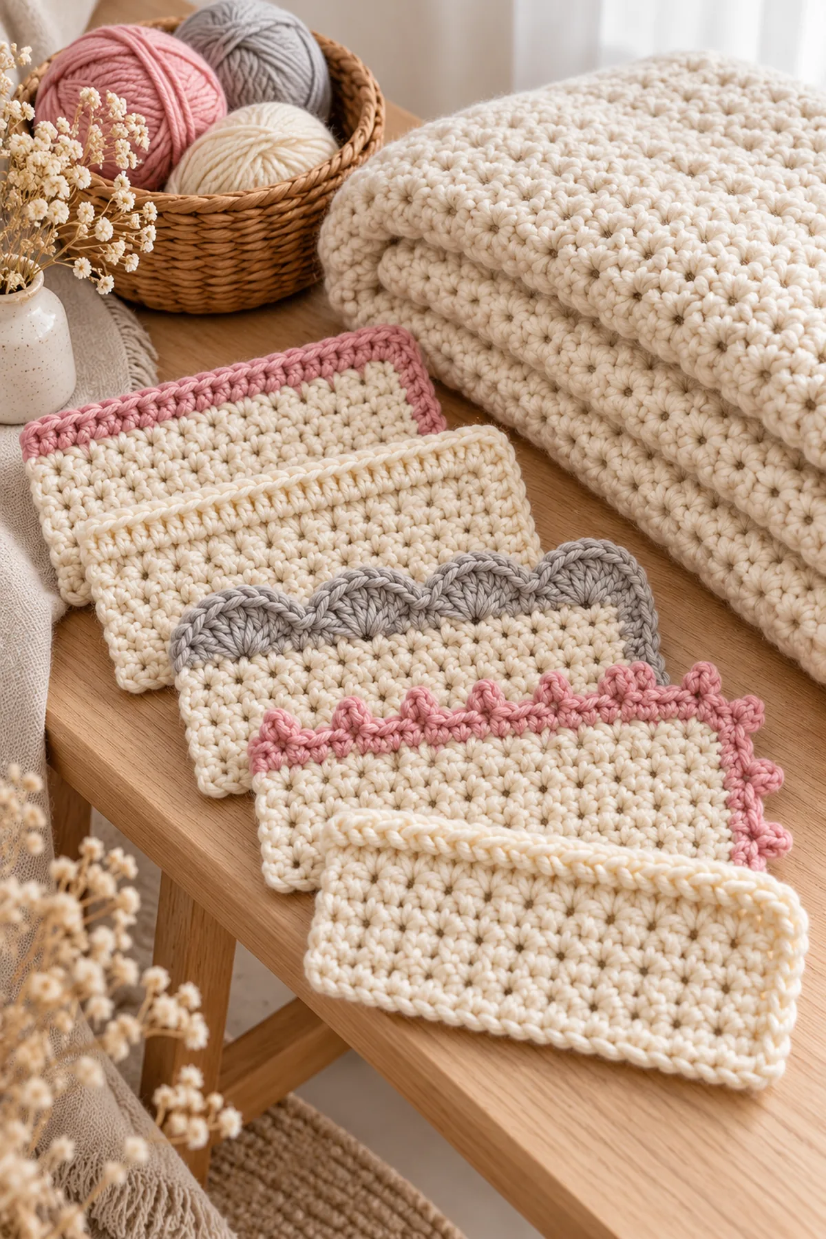 Five completed beginner crochet border samples stacked beside a neutral handmade blanket in soft daylight
