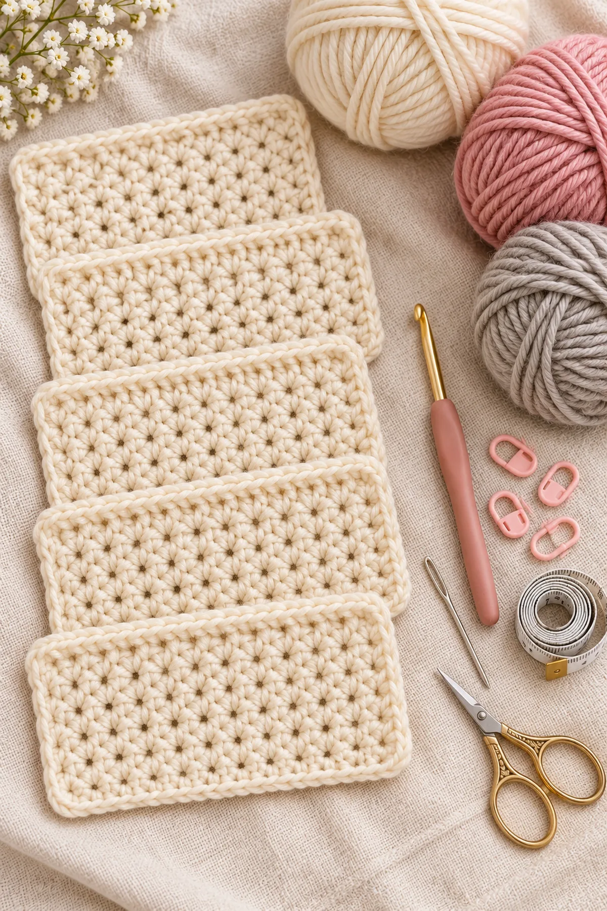 Worsted cream blush and gray yarn, 5 mm hook, markers, tape measure and five matching 24-stitch crochet swatches