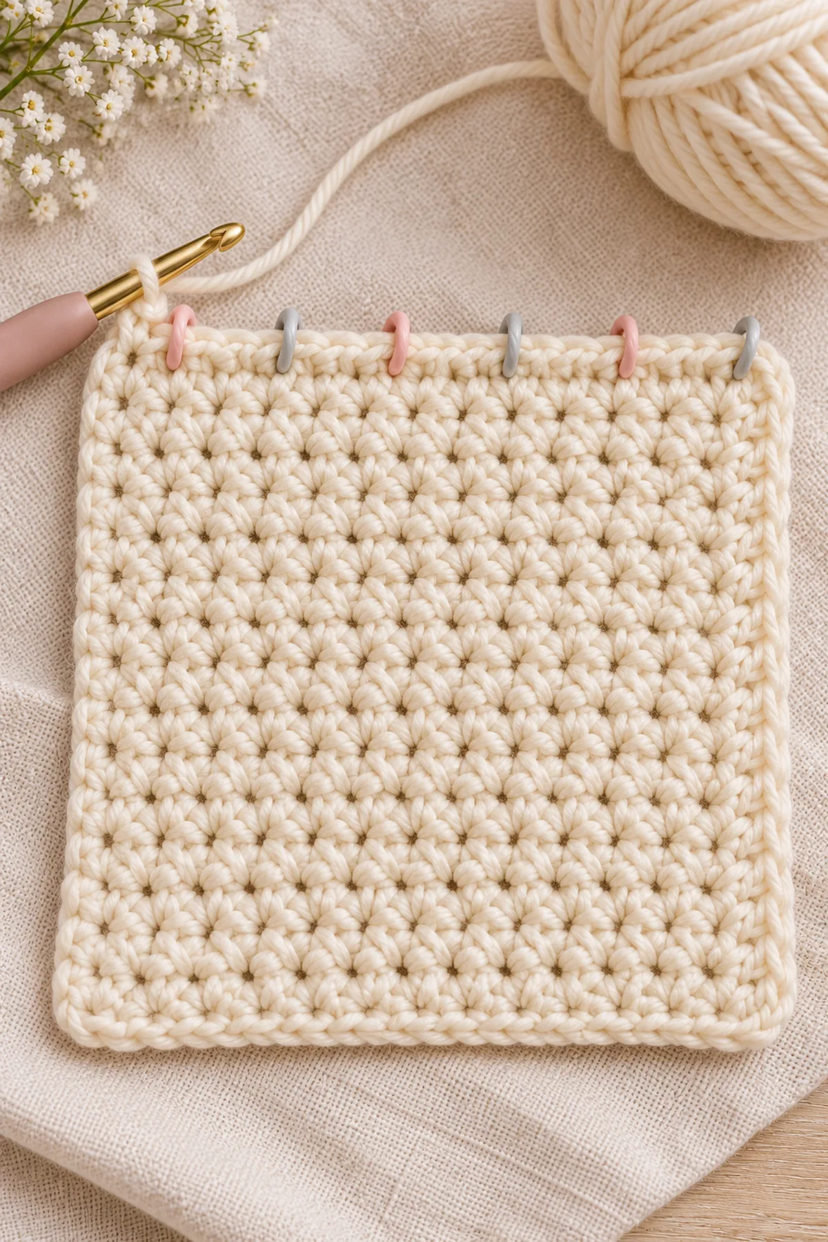 One cream crochet practice swatch with 24 top-edge stitches marked into six groups of four for even border spacing