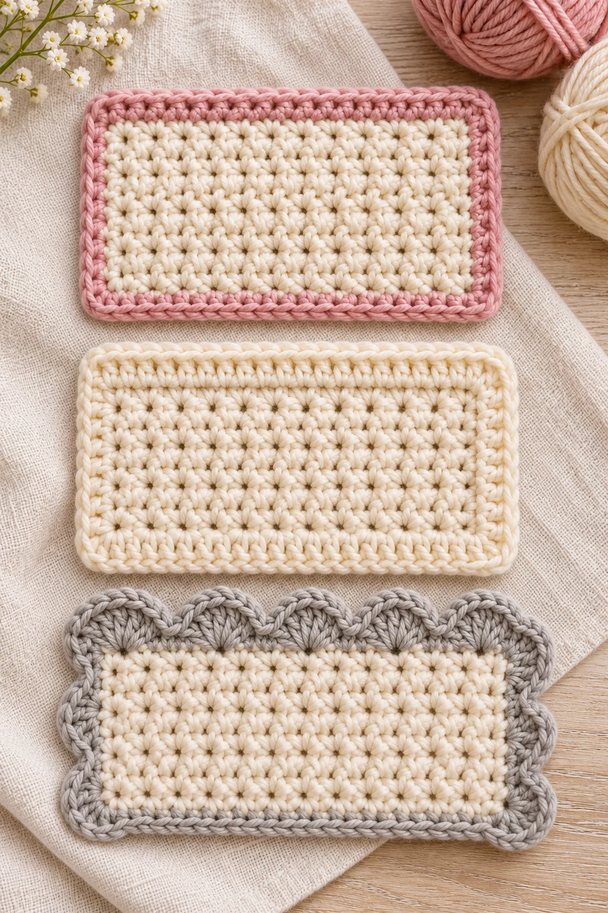 Five matching swatches showing straight single crochet and half double crochet edges beside a counted shell sample