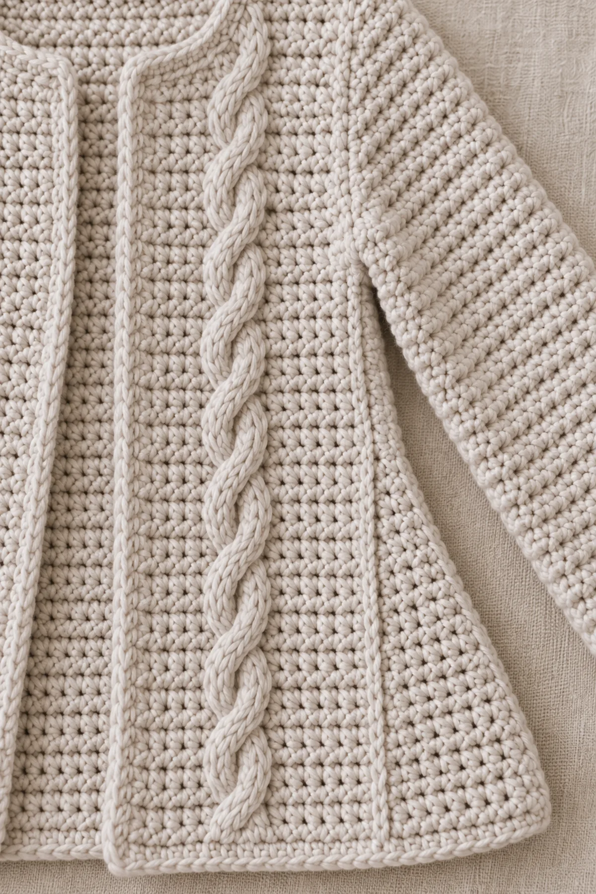 Close-up of pale stone four-stitch crossed crochet cable column and a discreet enclosed triangular side-gusset seam