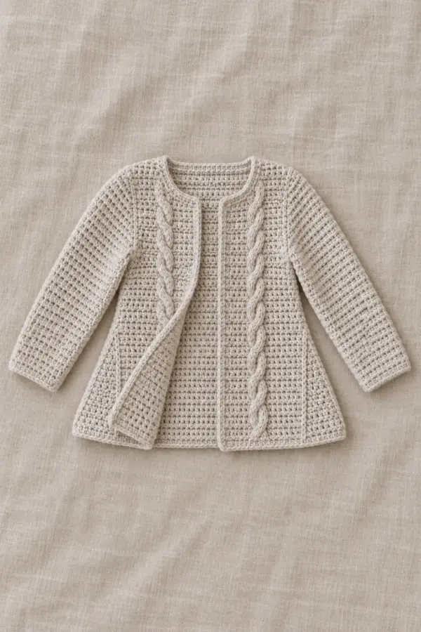 Pale stone open-front crochet baby cardigan with exactly one slim four-stitch cable column on each front, plain long sleeves and discreet triangular side gussets widening straight hem