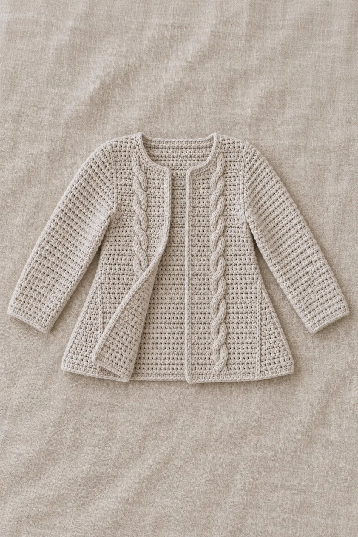Pale stone open-front crochet baby cardigan with exactly one slim four-stitch cable column on each front, plain long sleeves and discreet triangular side gussets widening straight hem