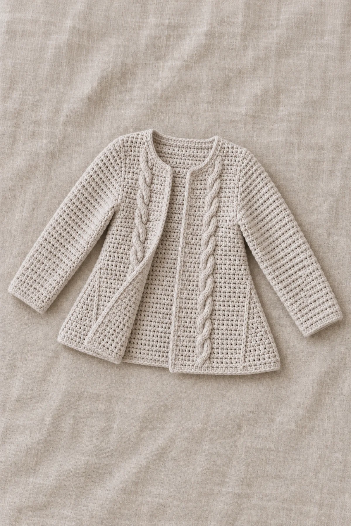 Finished pale stone cable-column open cardigan arranged at slight side angle to show triangular lower side gusset, plain long sleeves and no child