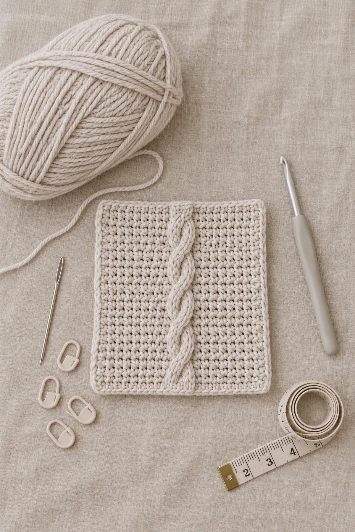 Pale stone DK yarn, hook, small crossed-post cable swatch, markers and measuring tape
