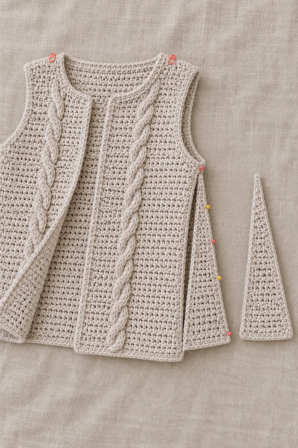 Pale stone cardigan body with one long narrow triangular side gusset being basted tip-up between front and back, other gusset separate, no collar