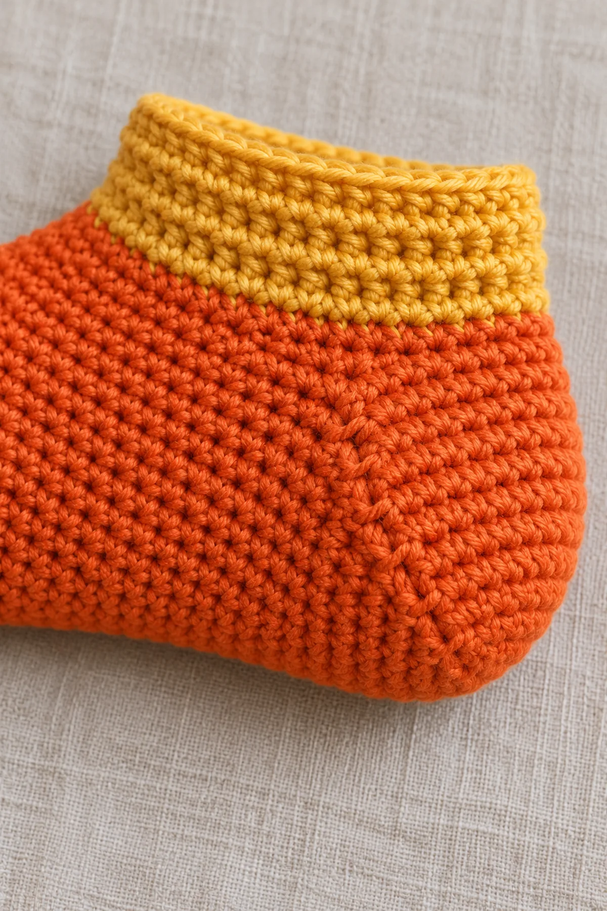 Close side view of orange afterthought crochet heel wedge and neat small four-pair closure seam, adjacent orange foot and yellow cuff visible, cream toe outside crop, no decorative face or grip dots