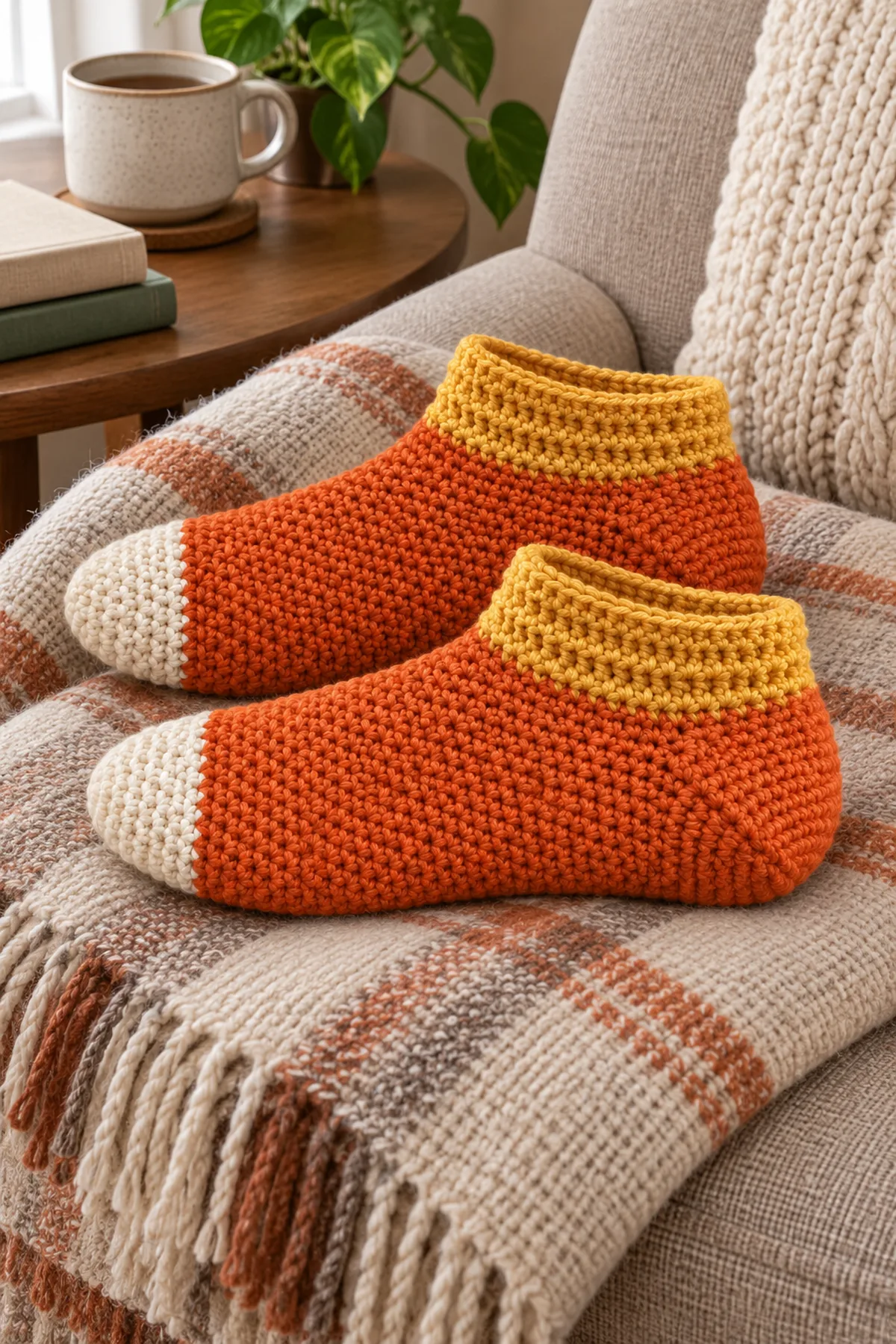 Same matching adult cream-toe orange-foot yellow-cuff crochet slipper socks resting on a folded wool blanket beside a reading chair, both cupped orange heels visible, no feet or person, not shown walking on a slippery floor