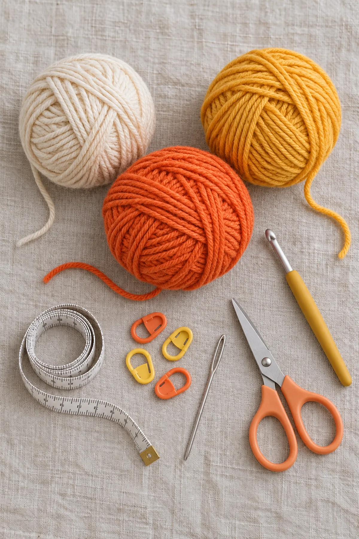 Cream orange and yellow matching DK wool-blend yarn balls, 4 mm crochet hook, four markers, tape measure, yarn needle and scissors on oatmeal linen; supplies only, no socks