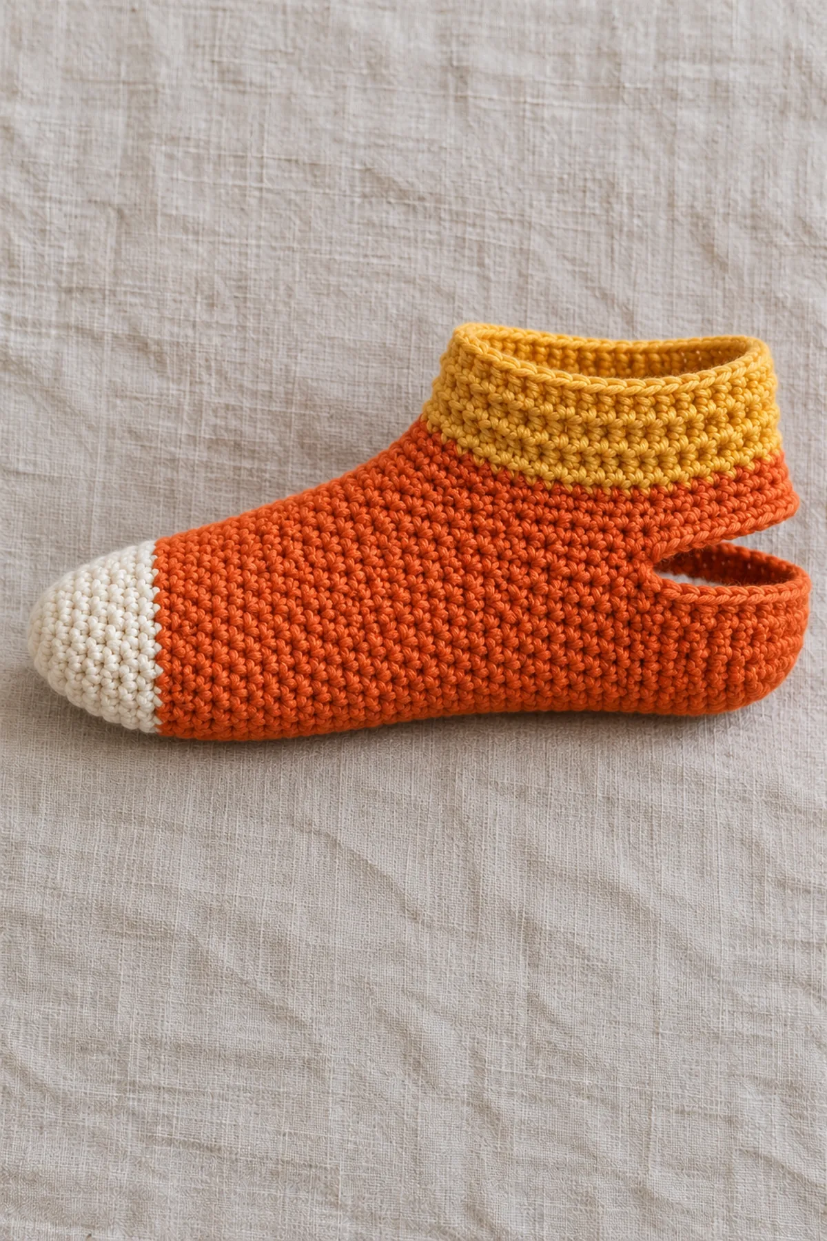 One unfinished adult crochet slipper with cream toe orange foot and short yellow cuff; heel slit deliberately still open as a horizontal oval between sole and ankle, clearly visible missing heel pocket, no second sock
