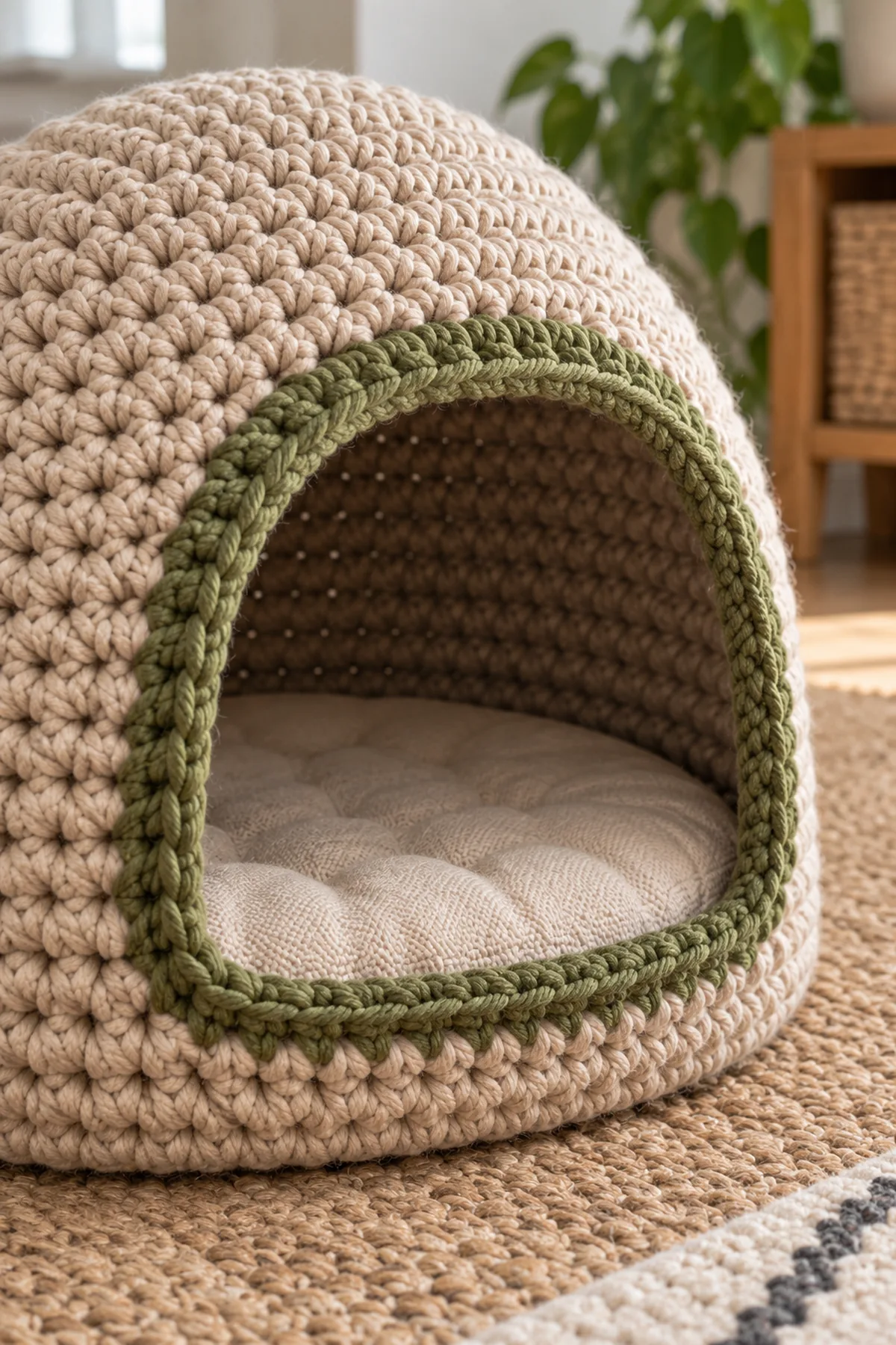 Close-up of strong olive crochet edging around broad cat cave entrance and thick two-strand stitches, removable flat pad resting inside