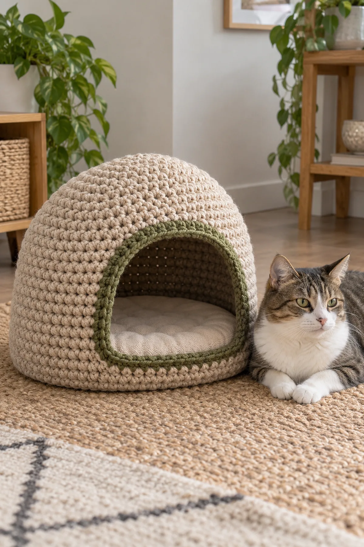 Original oat-colored sturdy crochet cat cave with oval floor, upright lower wall, tapered dome and broad open front arch, olive entrance trim, removable flat pad visible inside, adult cat nearby