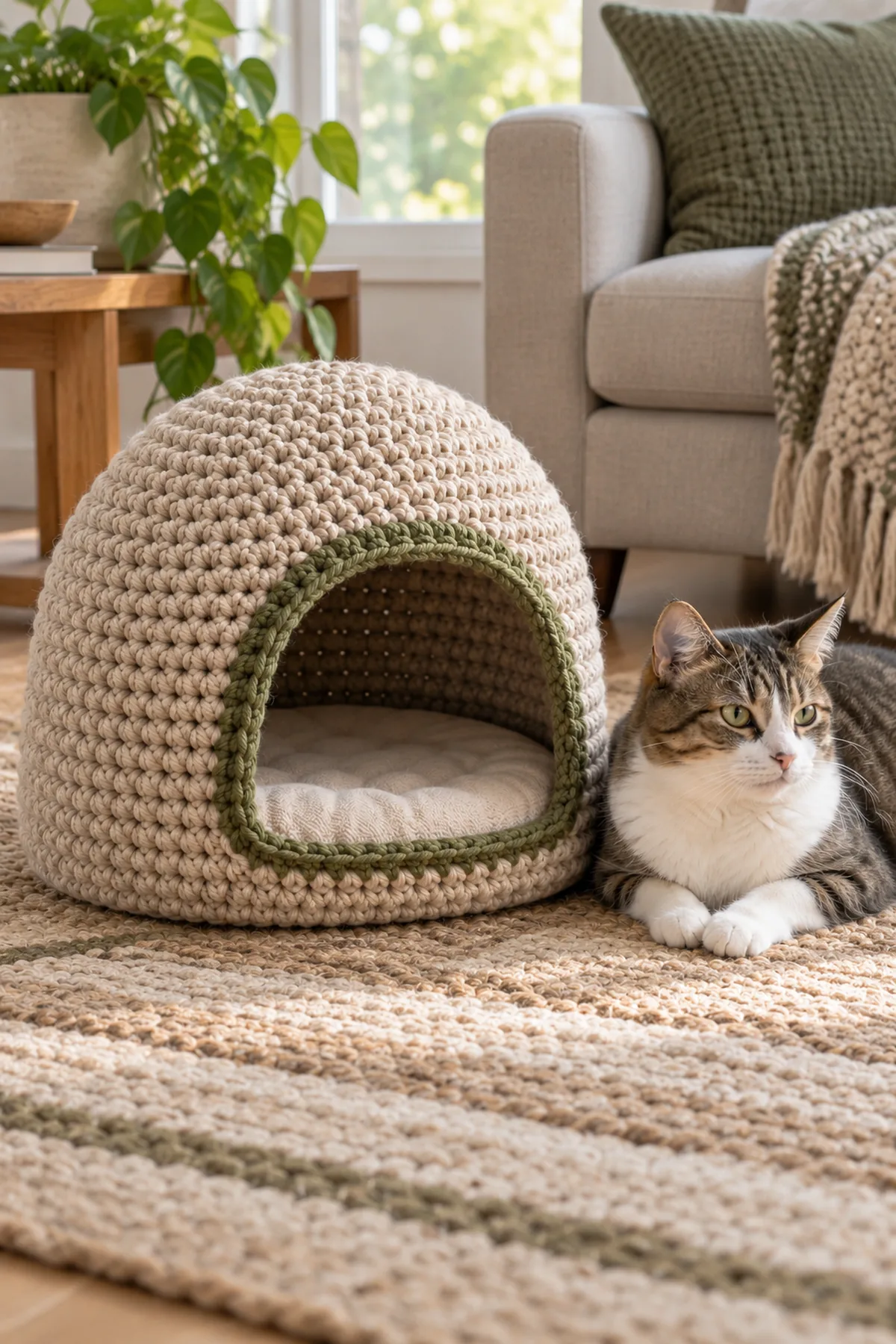 Finished sturdy oat and olive crochet cat cave with broad clear arched opening on level home floor beside relaxed adult cat, no wire or dangling toys