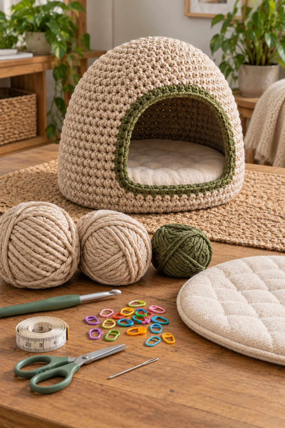 Two strands of oat bulky cotton-blend yarn, olive trim yarn, 8 mm crochet hook, many markers, measuring tape, sewing needle, scissors and washable flat pet pad