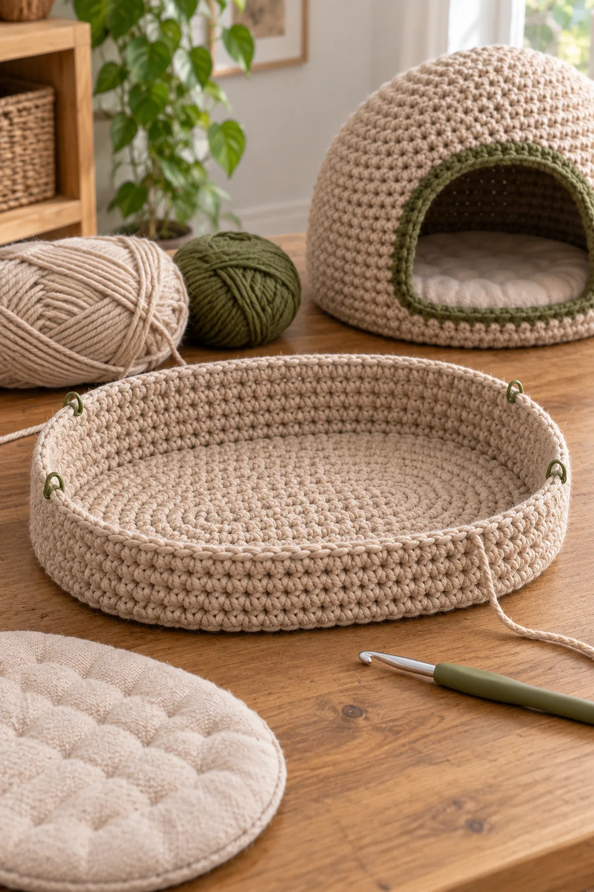 Flat dense crochet oval base with two straight side sections and evenly increased rounded ends, two strands held together, markers on arcs