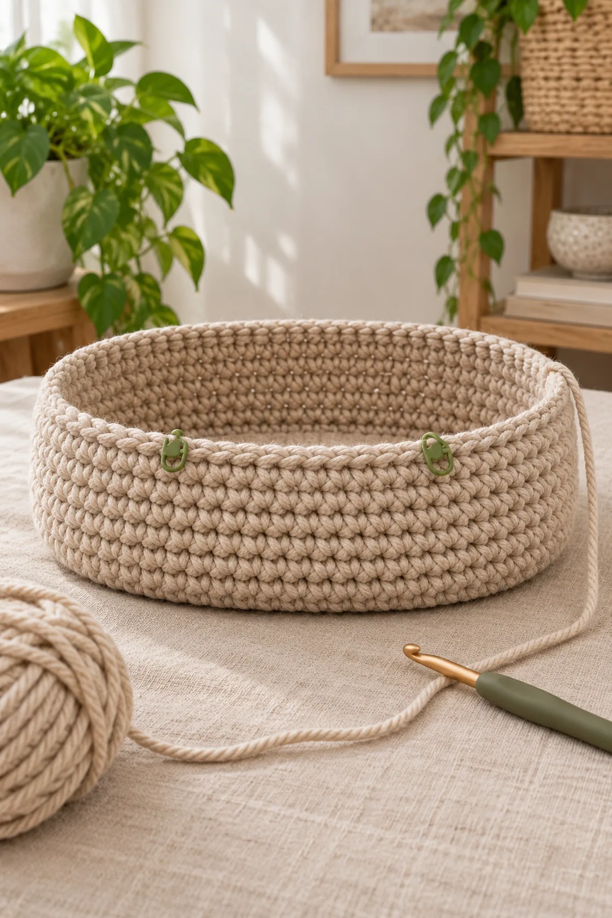 Crochet cat cave in progress showing oval floor and eight upright wall rounds with 18 center-front entrance stitches marked before dome rows