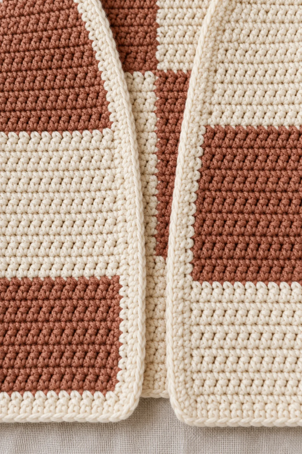 Macro view of a flat mattress-stitched join where cream and clay solid hdc color blocks meet with aligned row ends.