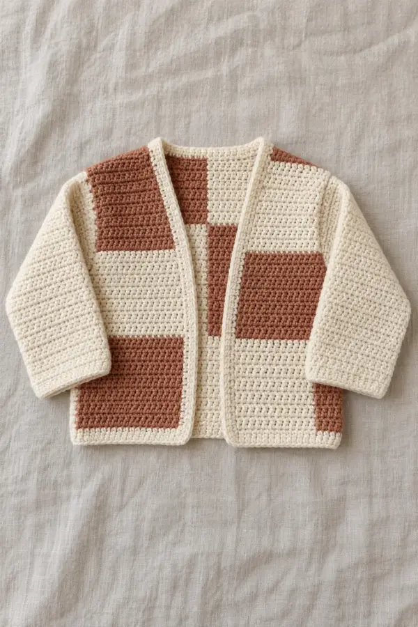 Boxy open baby cardigan in cream and clay, large asymmetric solid crochet checker rectangles across back and fronts, plain cream sleeves and smooth edging, no granny squares or closures, whole flat-lay.