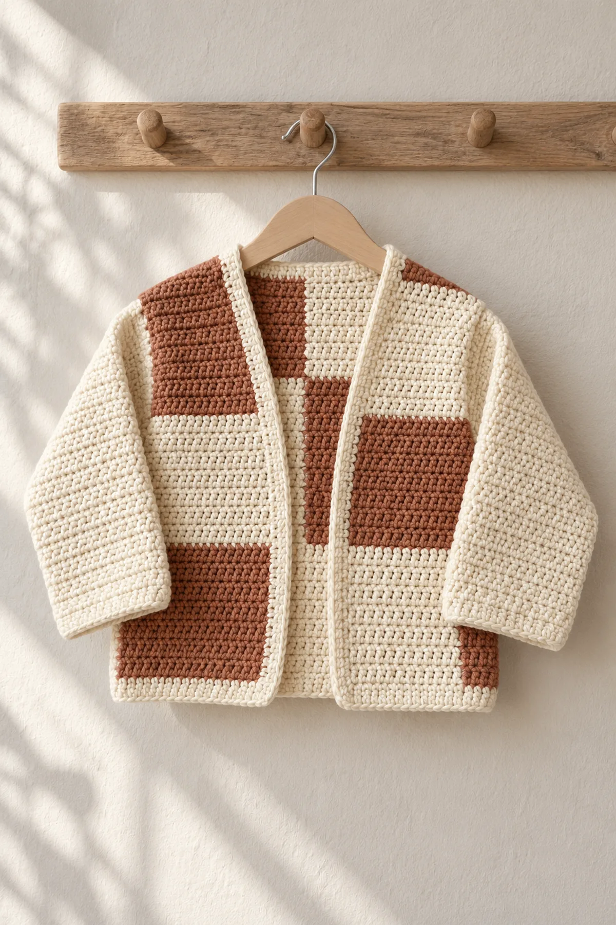 Finished boxy cream-and-clay asymmetric checker-panel open cardigan on a child-size hanger in natural light; no baby or extra accessories.