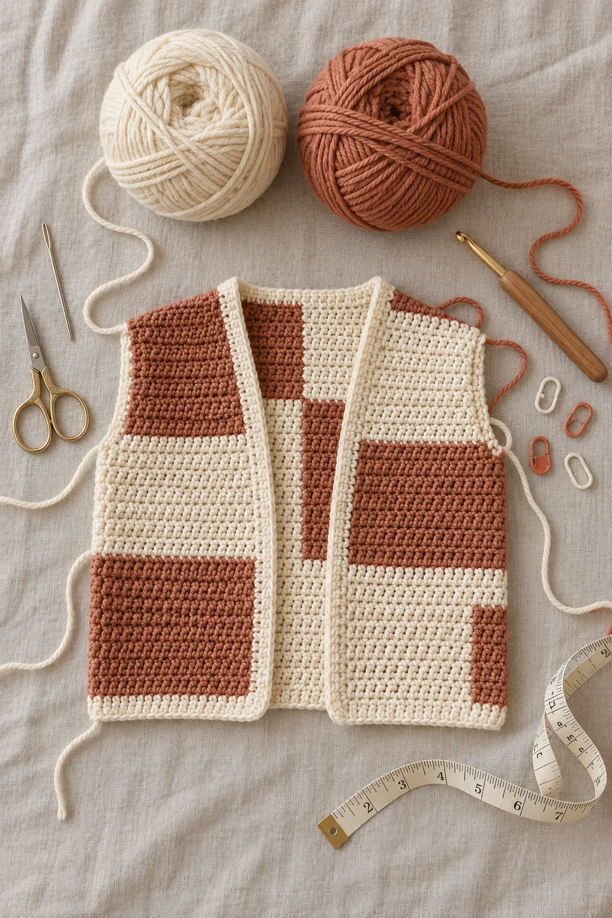 Cream and clay DK yarn balls, hook, markers, needle, scissors and measuring tape; no garment.
