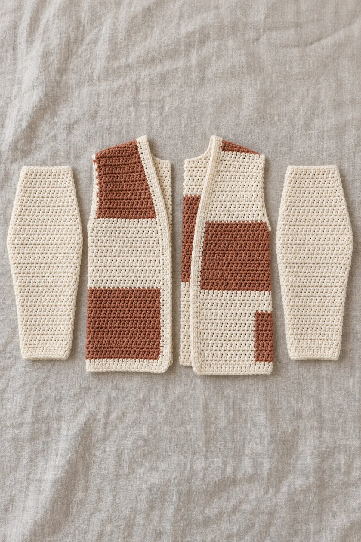 Two plain cream sleeve panels beside two stacked cream/clay front panels, all unseamed and flat.