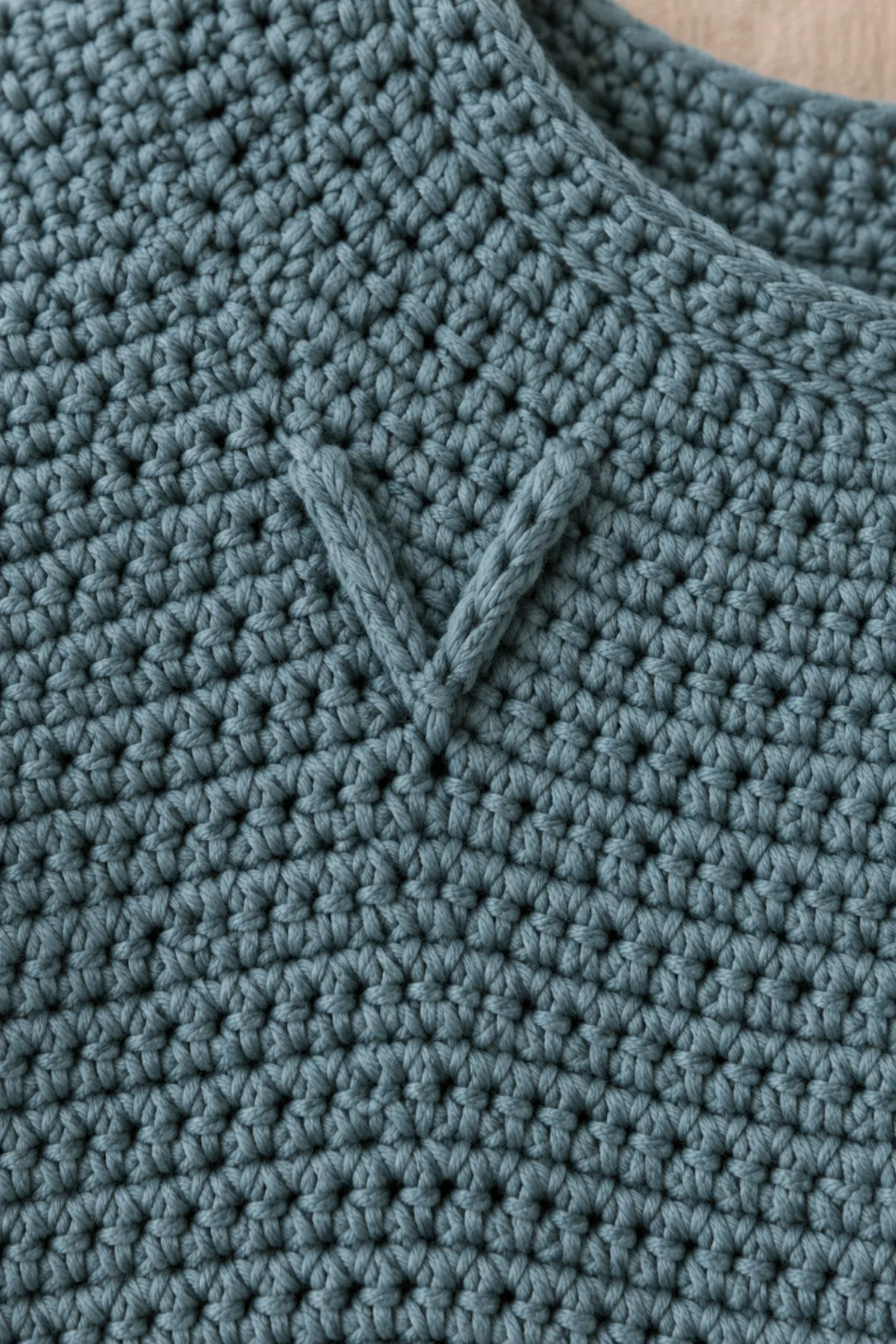 Side-lit macro of one low-profile single-color raised post-stitch V on moss-blue crochet yoke with smooth surrounding dc fabric