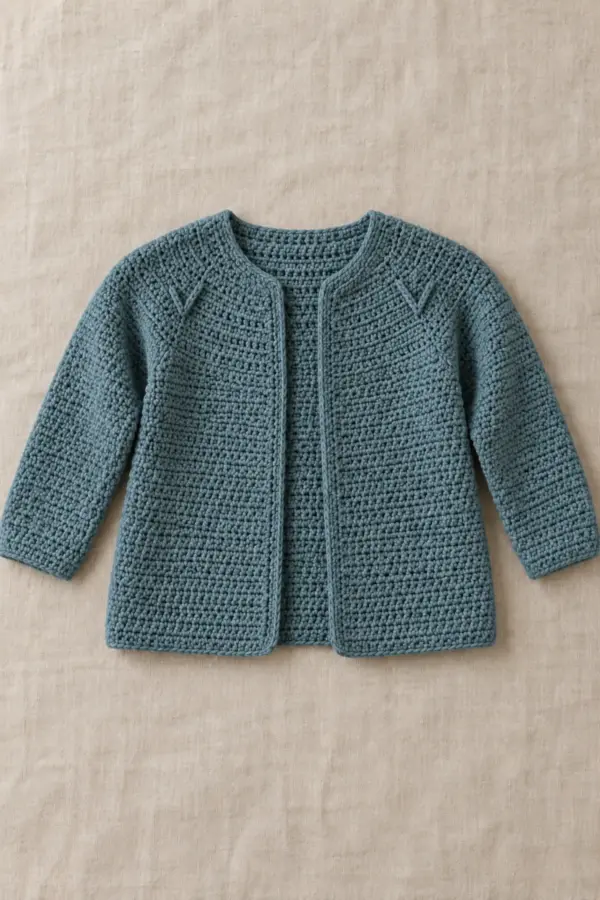 Moss-blue single-color open-front long-sleeve baby cardigan with plain lower body and two subtle mirrored raised chevron tracks on a round yoke