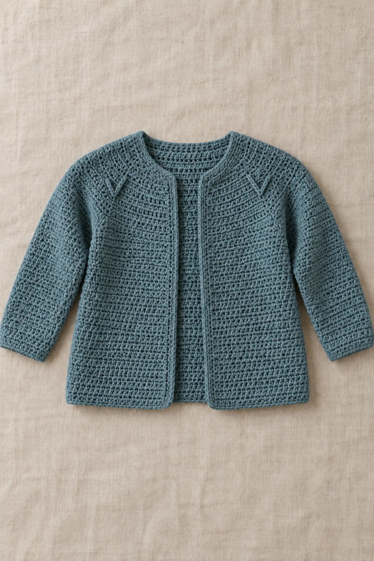 Moss-blue single-color open-front long-sleeve baby cardigan with plain lower body and two subtle mirrored raised chevron tracks on a round yoke