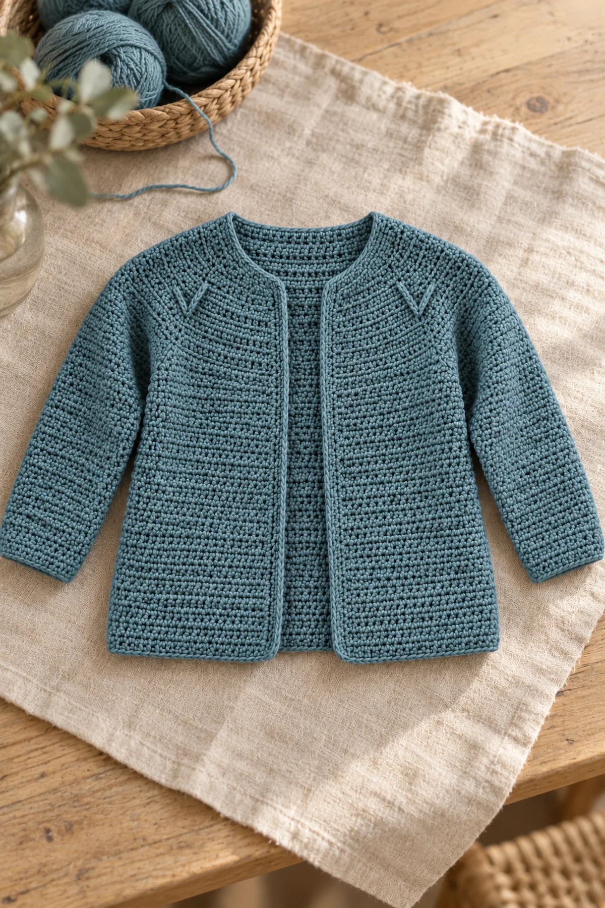 Completed moss-blue Chevron Relief-Yoke baby cardigan arranged flat with open front and matched sleeves in a calm neutral setting, no baby